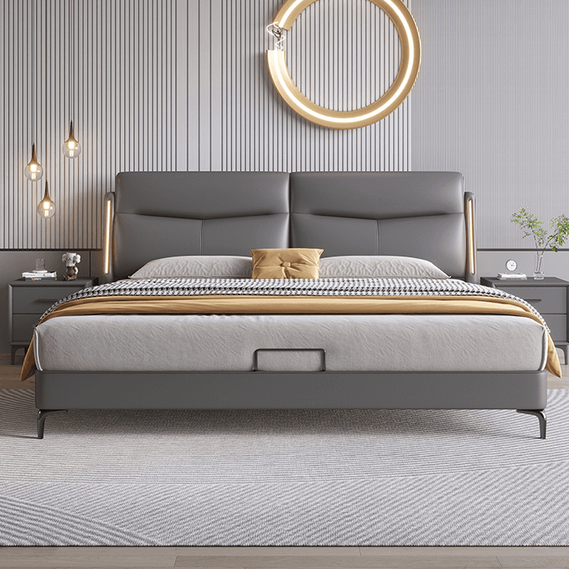 Light Gray Solid Color Storage Bed/Platform Bed with Timber Frame and Illumination Light for Living Room