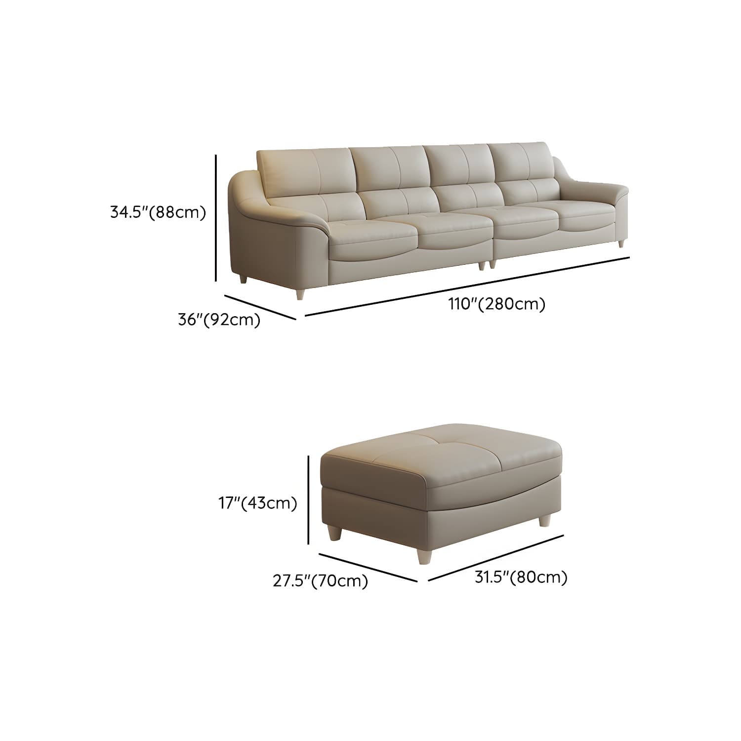 Beige Genuine Leather Modern Stationary Sectional Sofa with Wood Frame - image 17