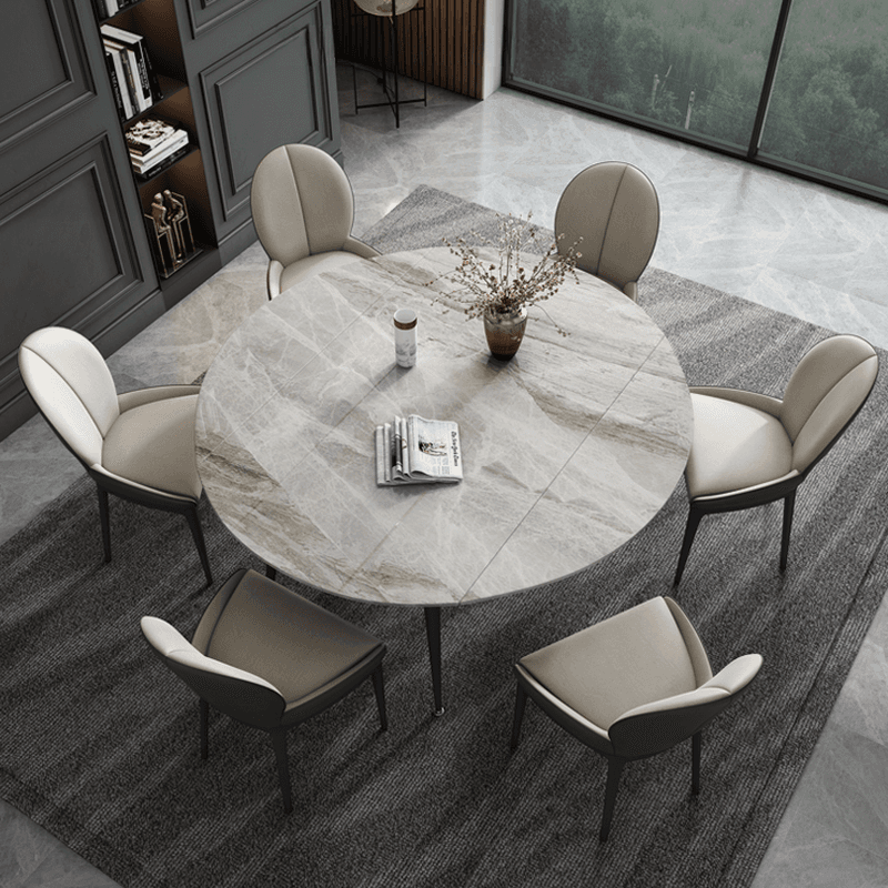 Dining Table Set with Rounded Shape, Slate Stone Table Top, Fixed Table Mechanism, Padded Chair with Back, and Light Gray Table Top