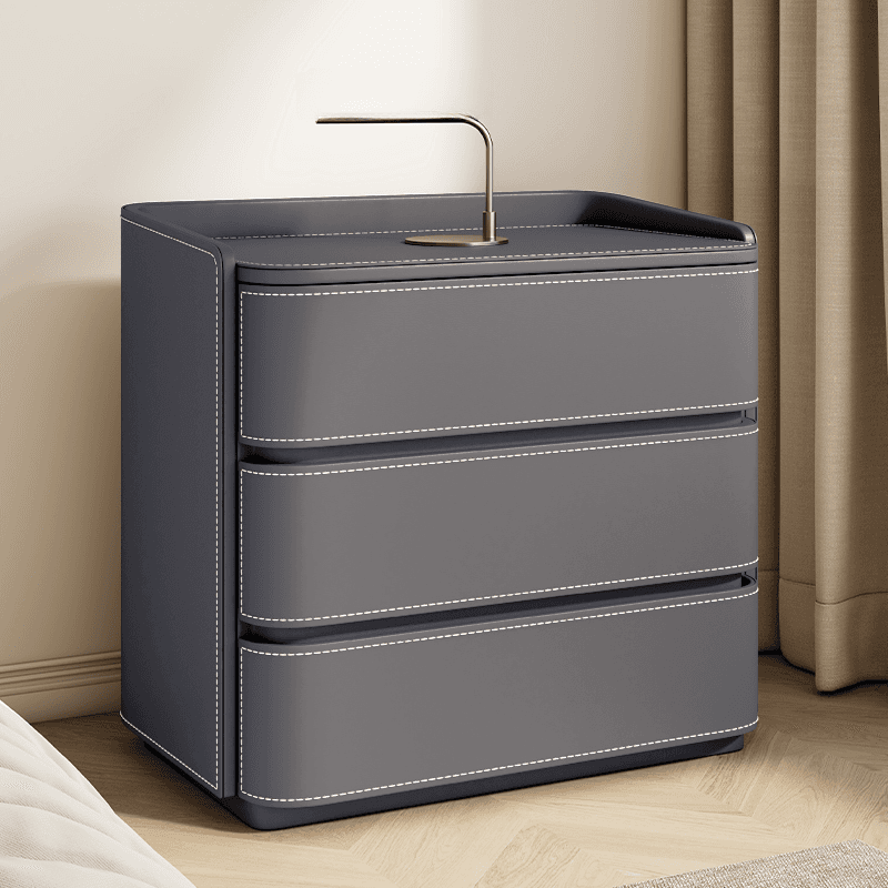 Contemporary 3 Tiers Genuine Leather Drawer Storage Bedside Table - image 3