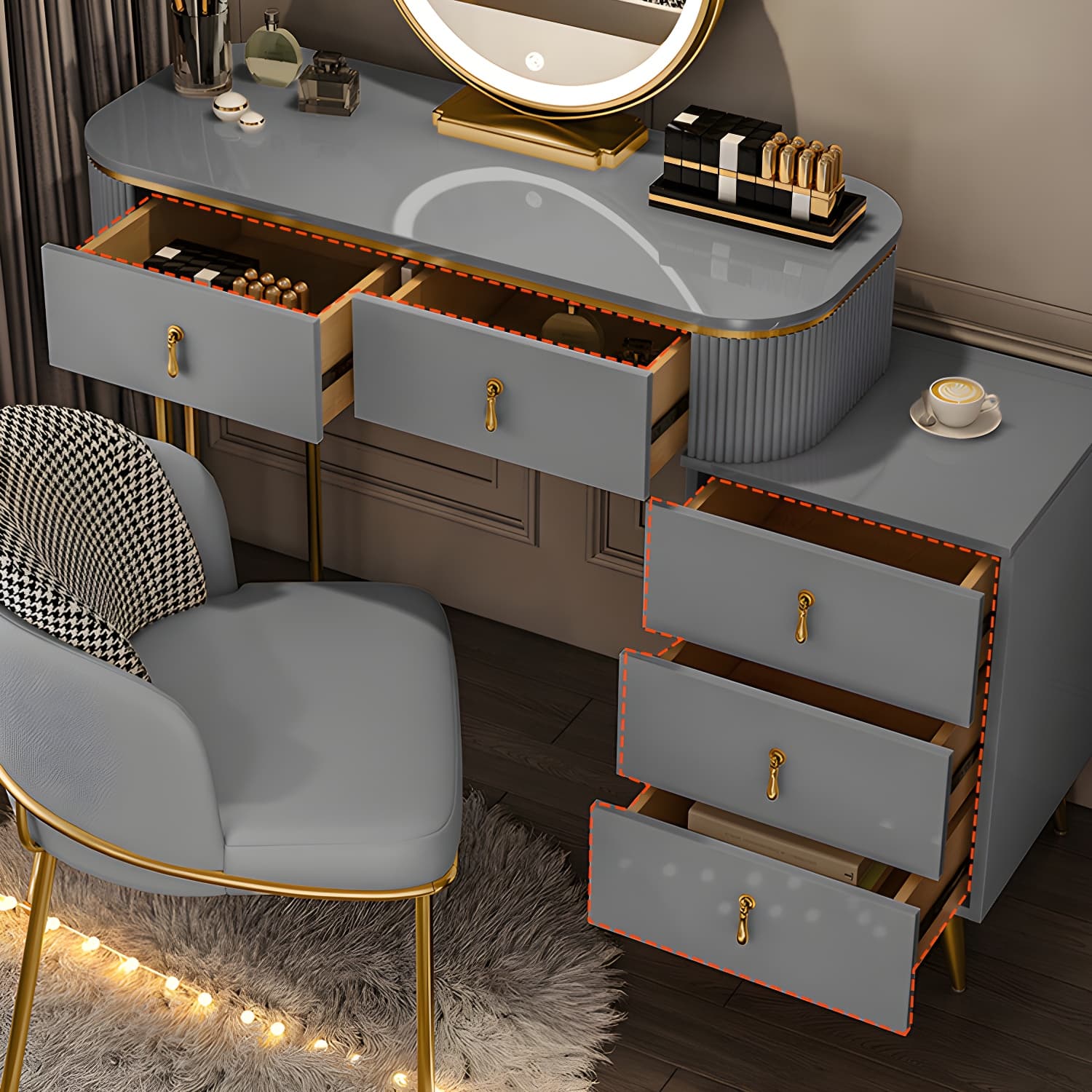 Gold Base Makeup Counter 15.74" Wide Vanity Tables with Storage Drawers - image 11