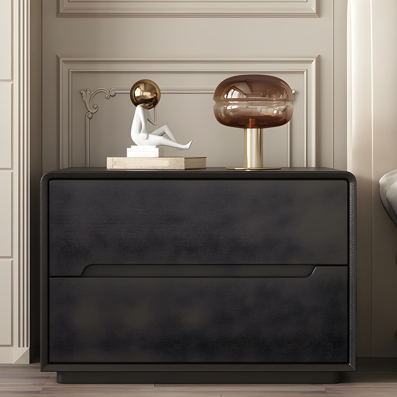 Modern Faux Leather Nightstand with 2 Drawers & No Distressing - Light Wood Tone