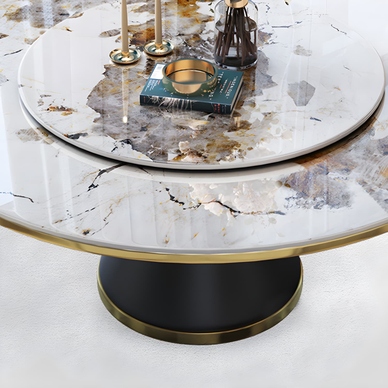 Glam Round Stone Dining Set in White - Fixed Table with Black Metal Pedestal Base - image 9