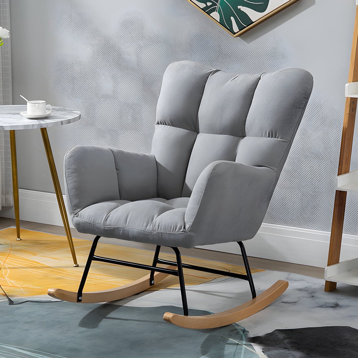 Modern Rocker Chair Upholstered Dark Legs Glider Button-Tufted - image 8
