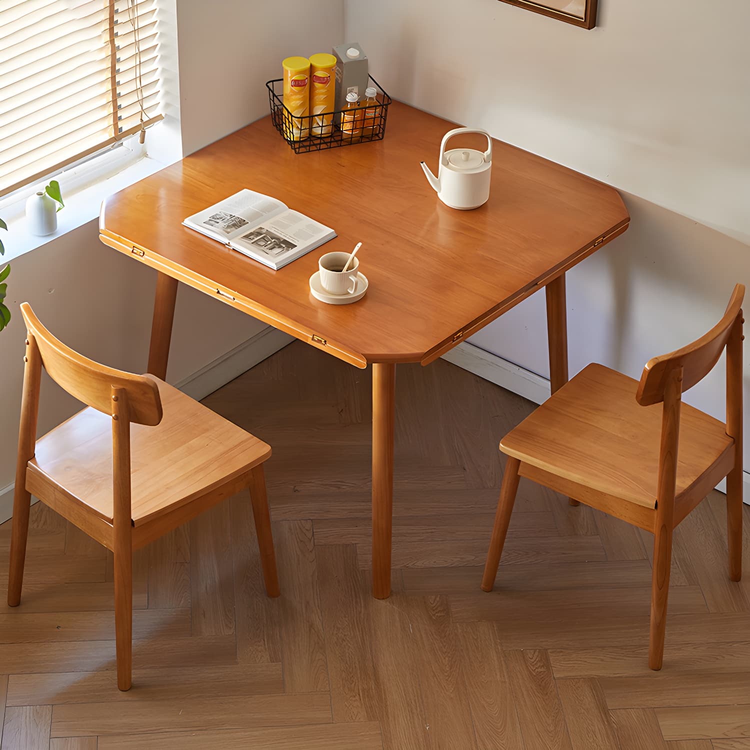Round Wood Scandinavian Design Dining Table with Self-Storing Leaf and Extension Feature - image 4