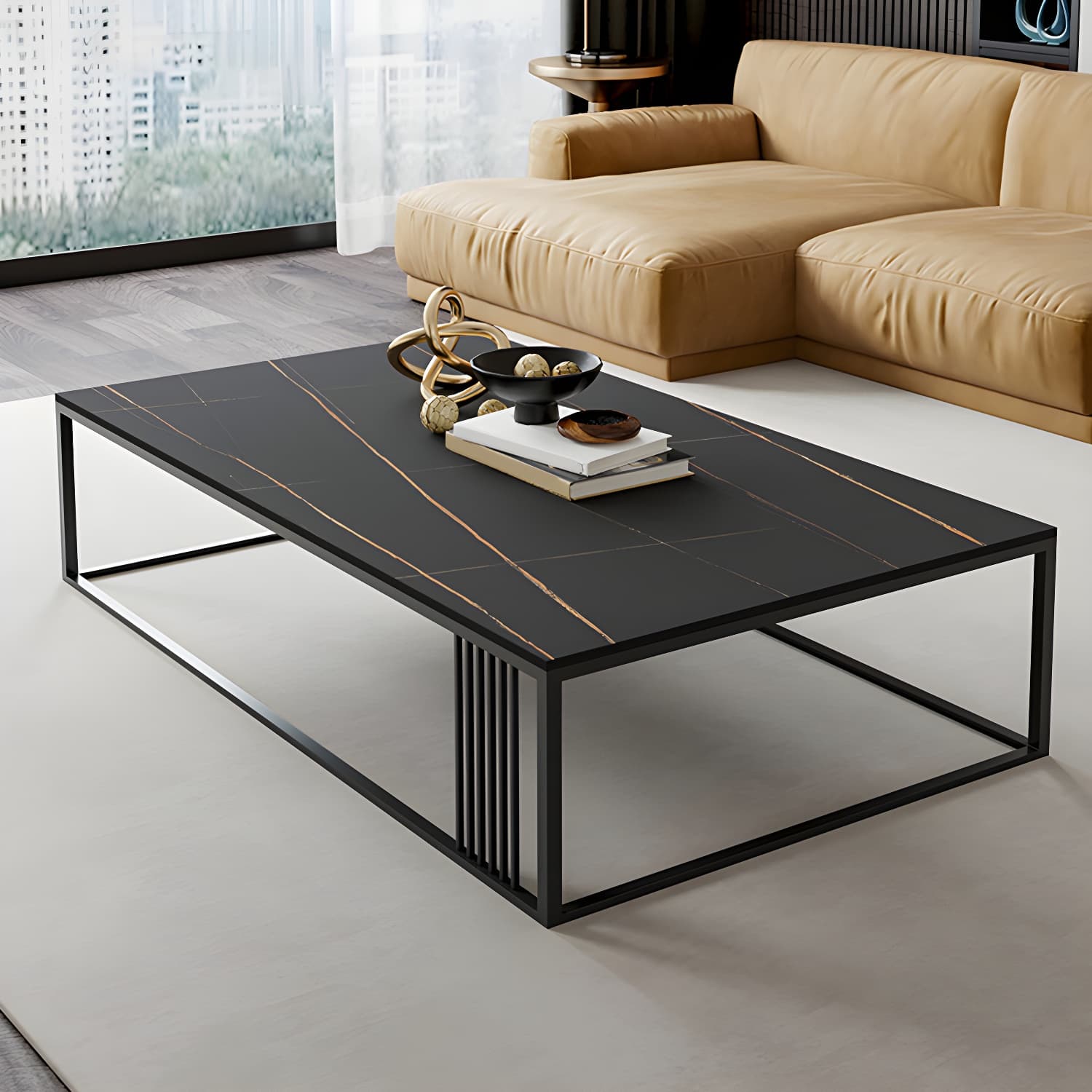 Metal Frame Rectangular Coffee Table Stone Top Cocktail Table - image 14