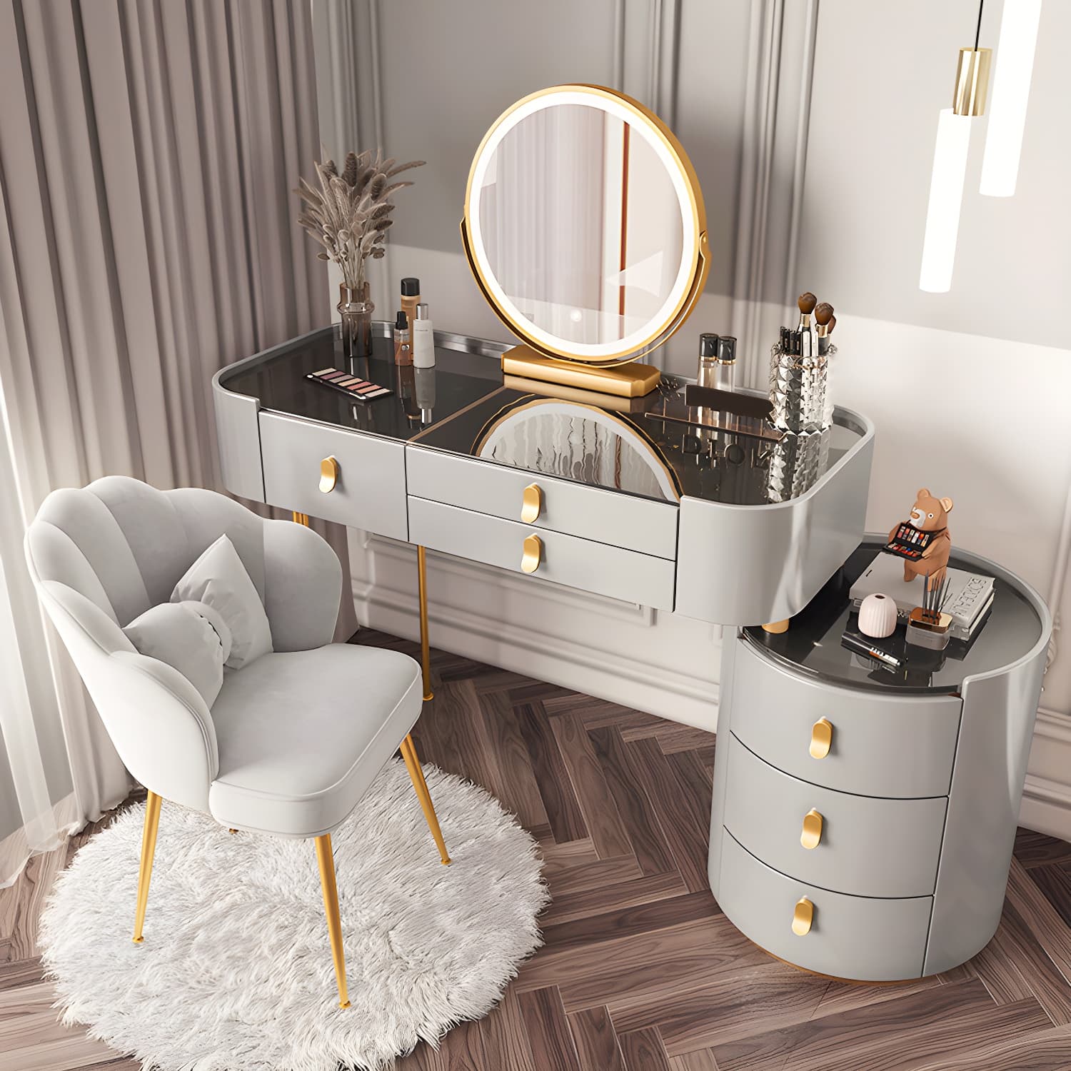 Storage Drawers Dresser Glass/Stone Top Dressing Table with Mirror & Stool - image 6