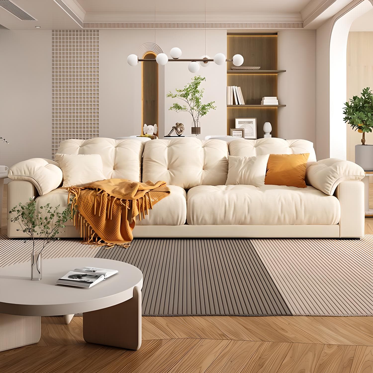 Modern Tufted Sectional Sofa in Off-White with Pillow Top Arm - image 4