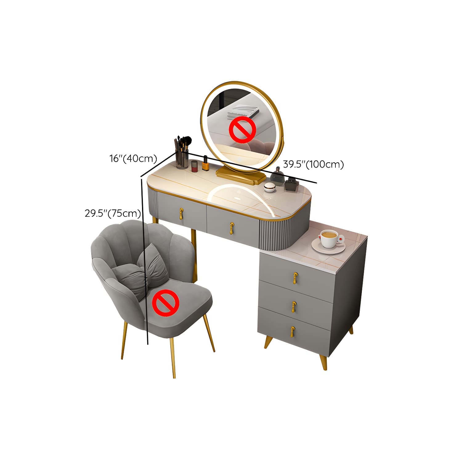 Gold Base Makeup Counter 15.74" Wide Vanity Tables with Storage Drawers - image 32