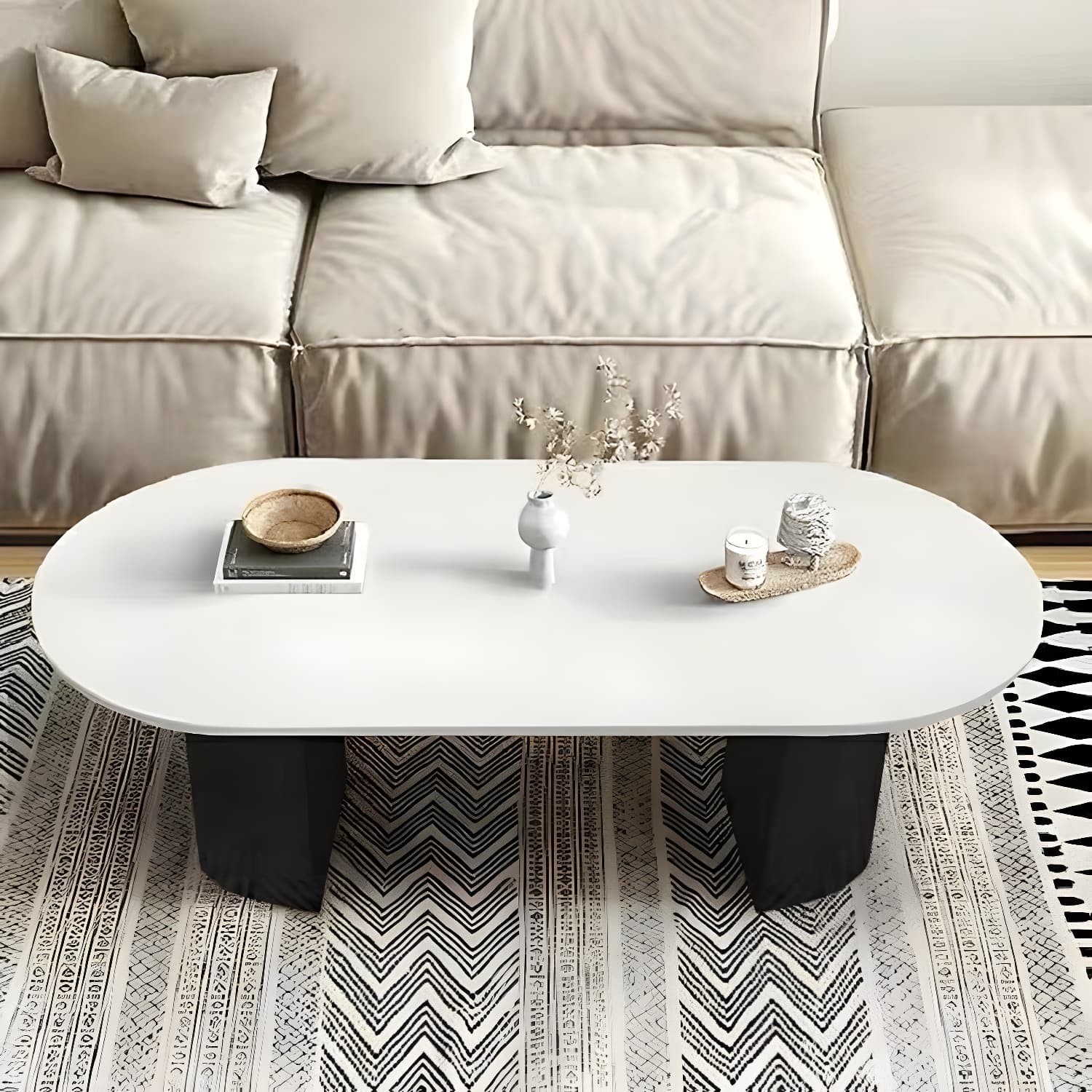 Modern Oval Stone Coffee Table with Double Pedestal Base for Living Room - image 4