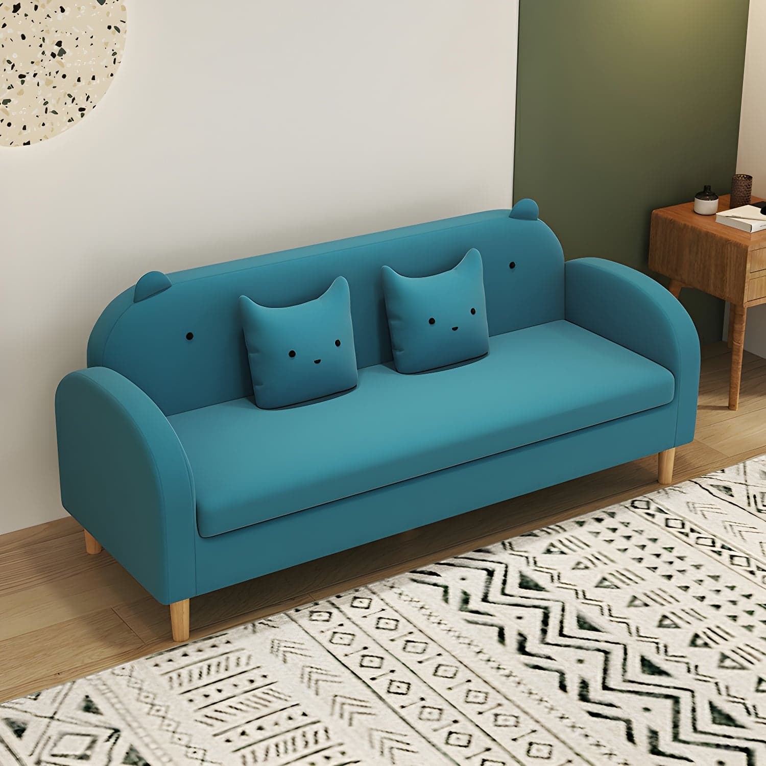 Art Deco Natural Wood Finish Framed Sofa Couch with Recessed Arm, Slipcover and 2 Pillows - image 10