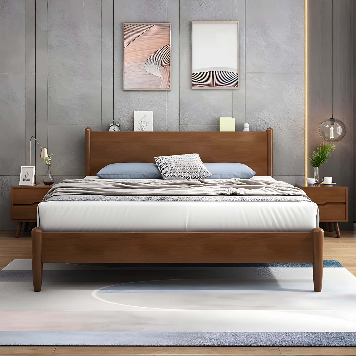 Northern European Solid Wood Bed Frame Mattress Included Panel Bed with Headboard - image 6
