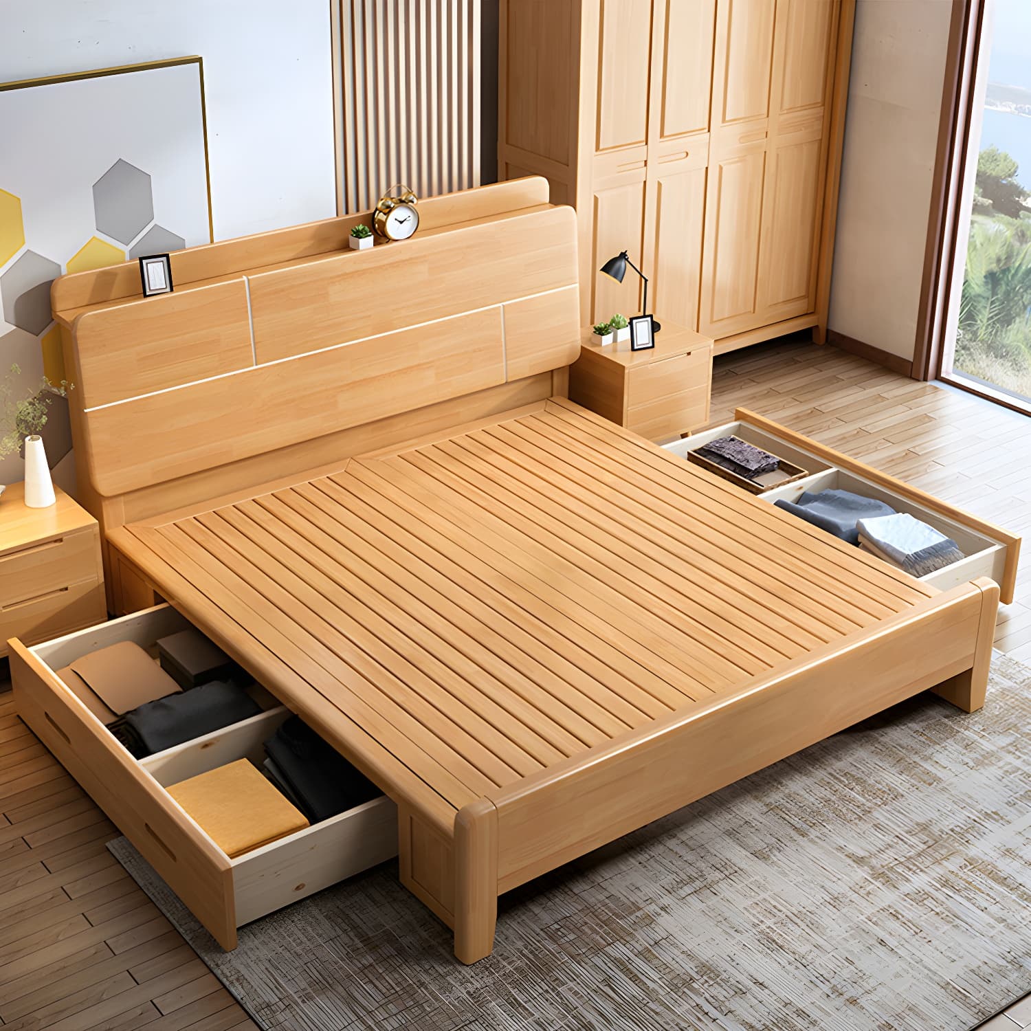Scandinavian Solid Wood Bed with Headboard 39.37" Tall Standard Bed - image 4
