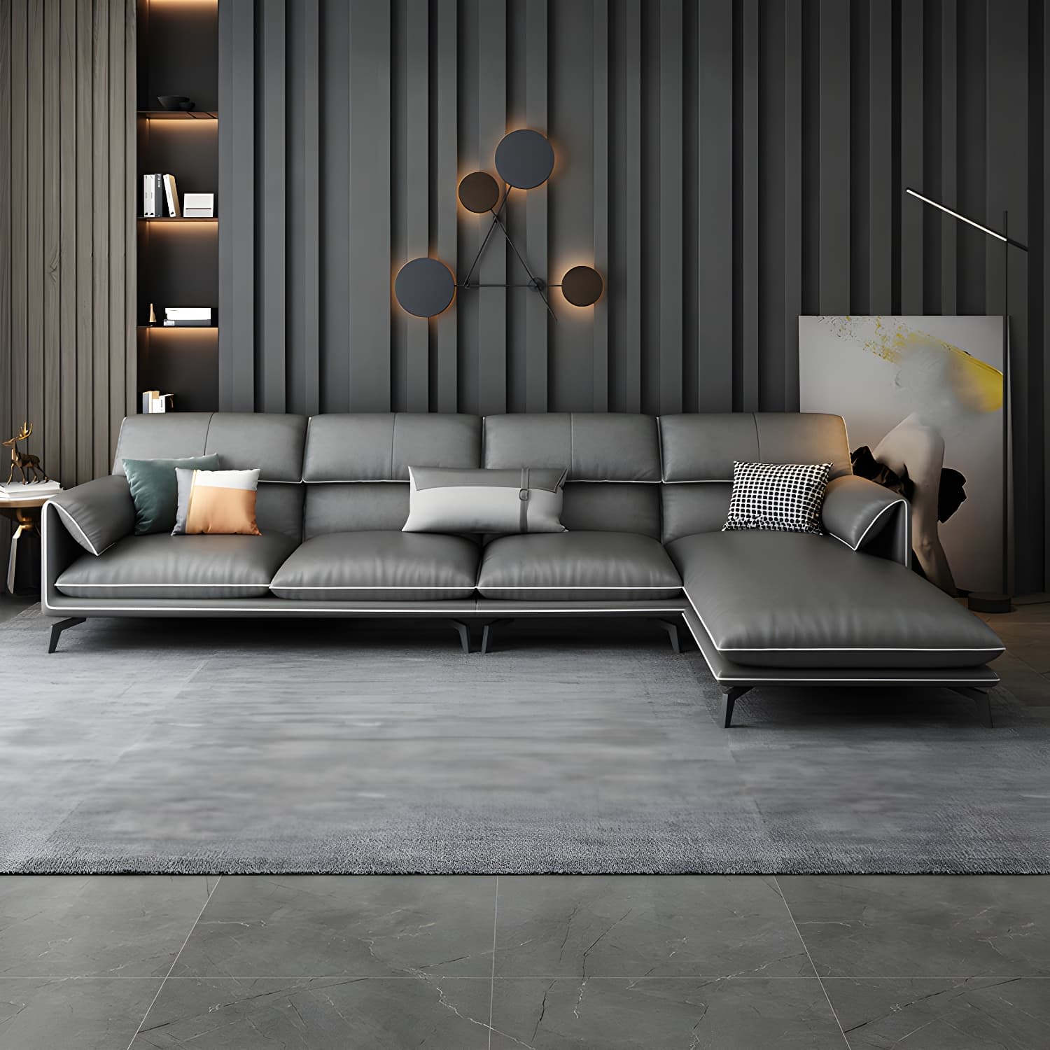 Modern Gray Stationary Sectional Sofa with Wood Frame and Pillow Top Arm
