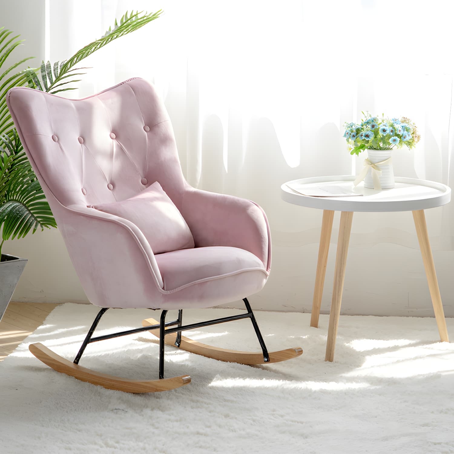Stylish Modern Upholstered Rocking Chair with Natural Wood Legs and Tufted Back Cushion - image 12