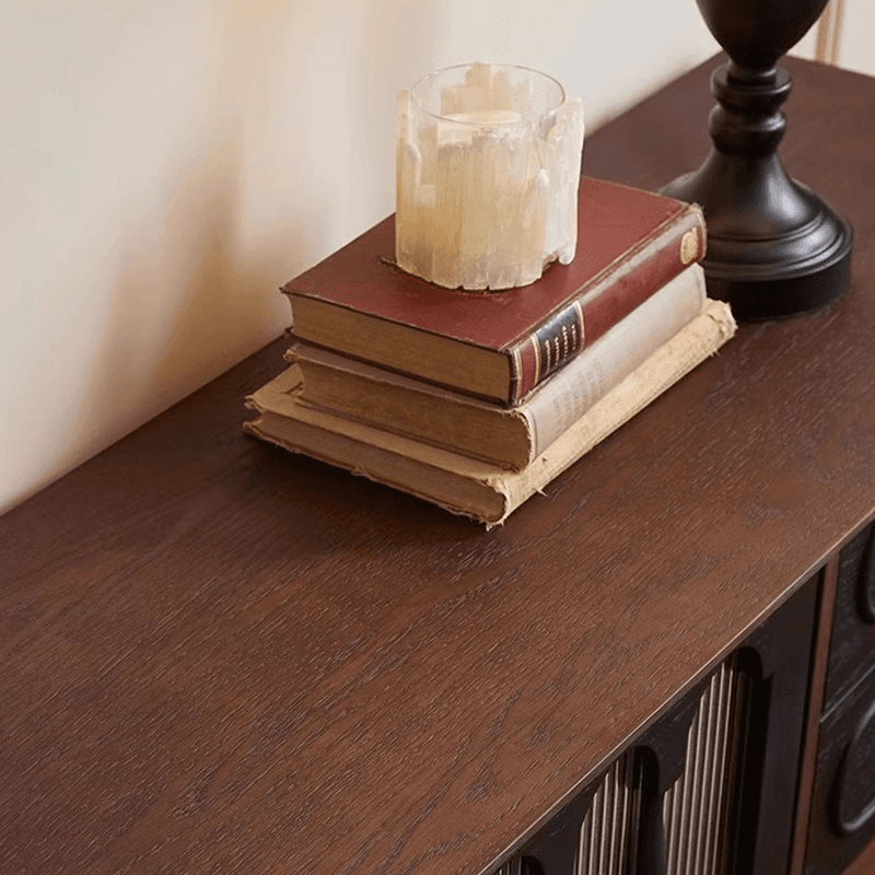 Pecan Art Deco Natural Wood TV Stand with 4 Drawers, Locker, Cable Management, and Adjustable Shelving - image 4