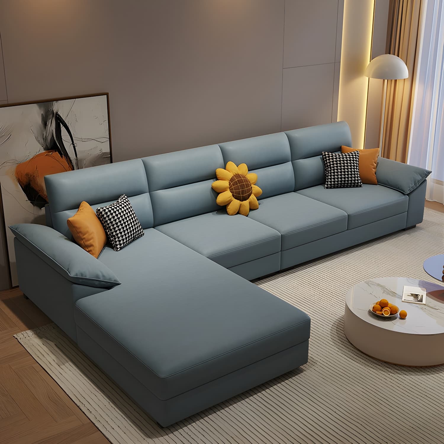 Scandinavian Wood Seats 4 Large (Over 109 in.) Pillow Top Arm Sofa Chaise - image 3
