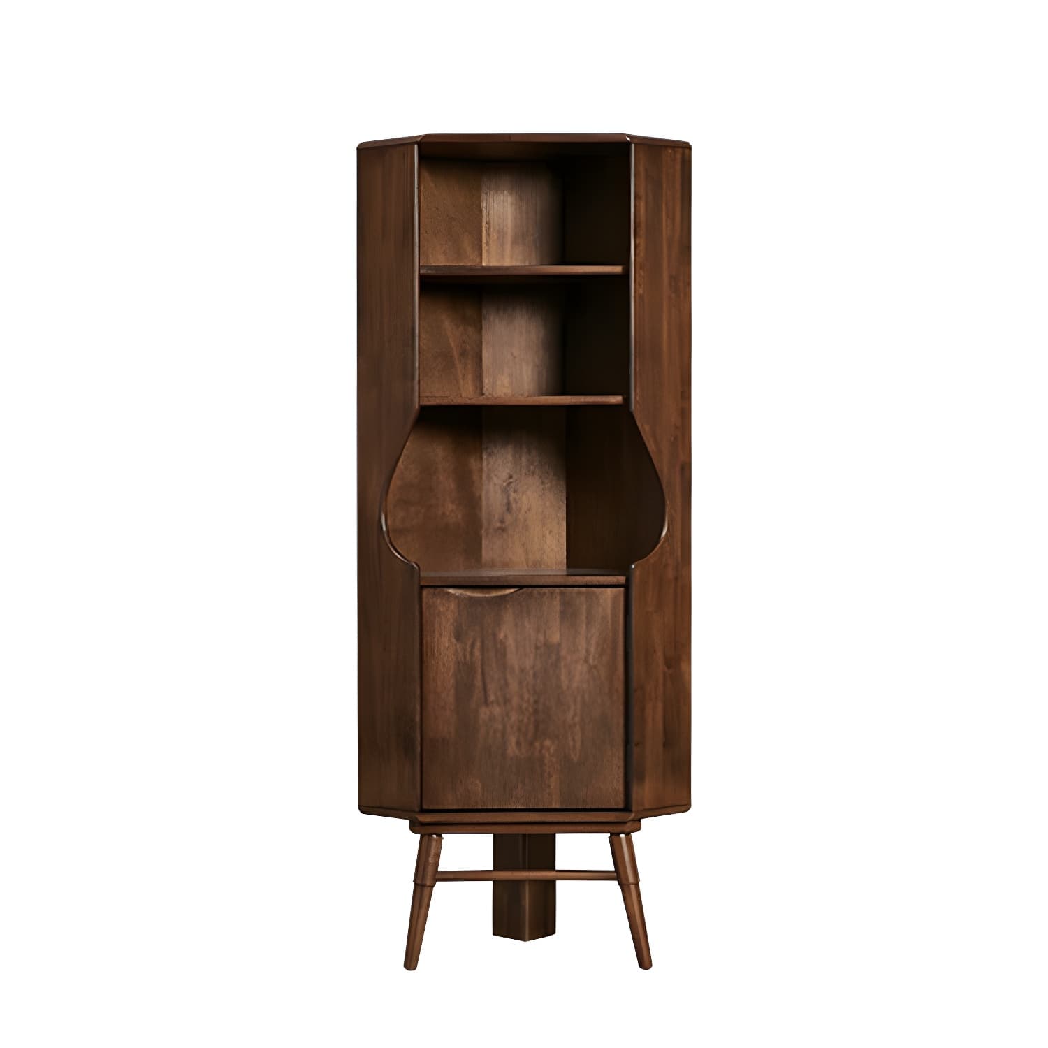 Corner Mid-Century Modern Accent Cabinet with Wood Countertop, Glass Doors, and 5 Shelves