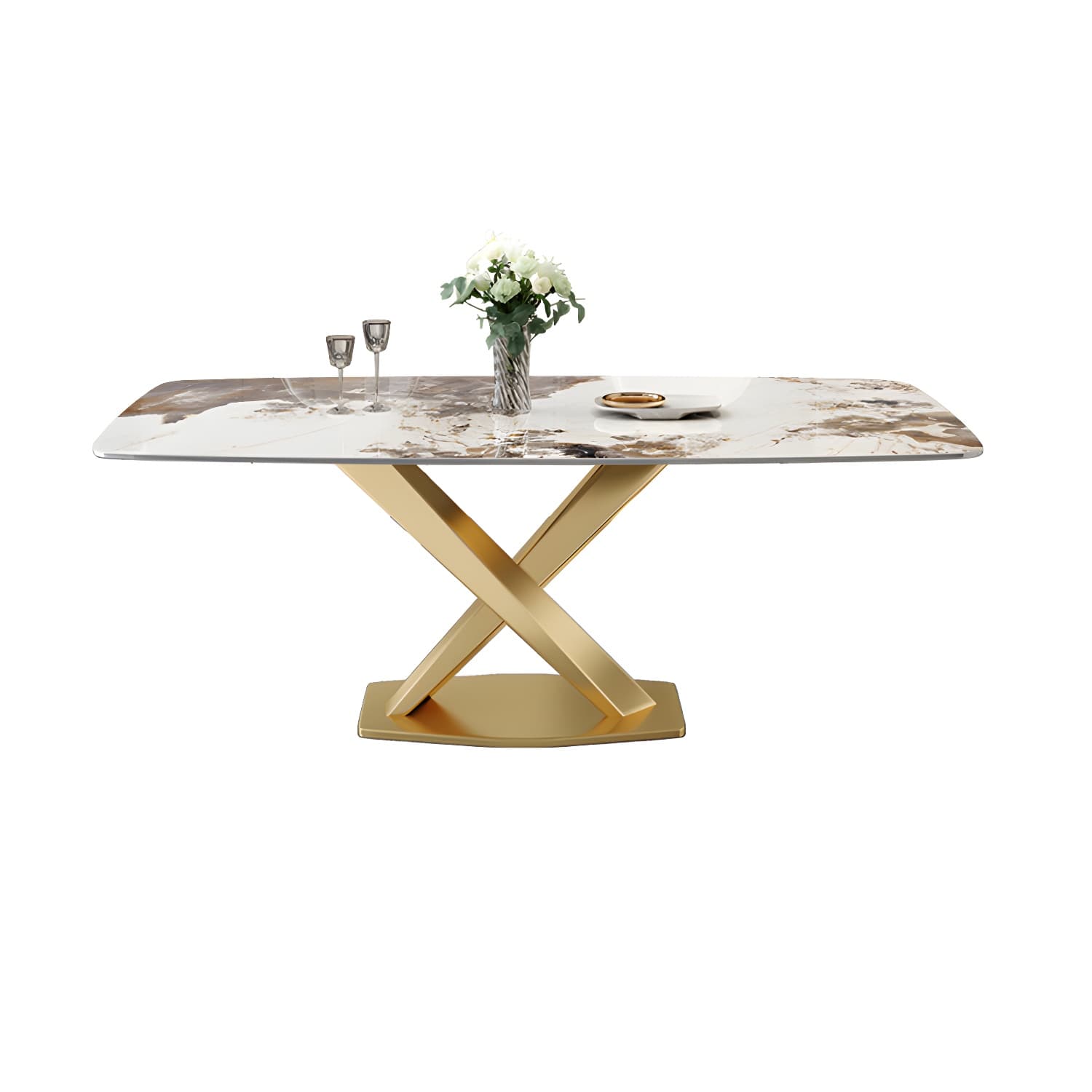 Glam Metal Dining Set in Beige with Gold Pedestal Base and Slate Tabletop - 1/5/7 Piece Set
