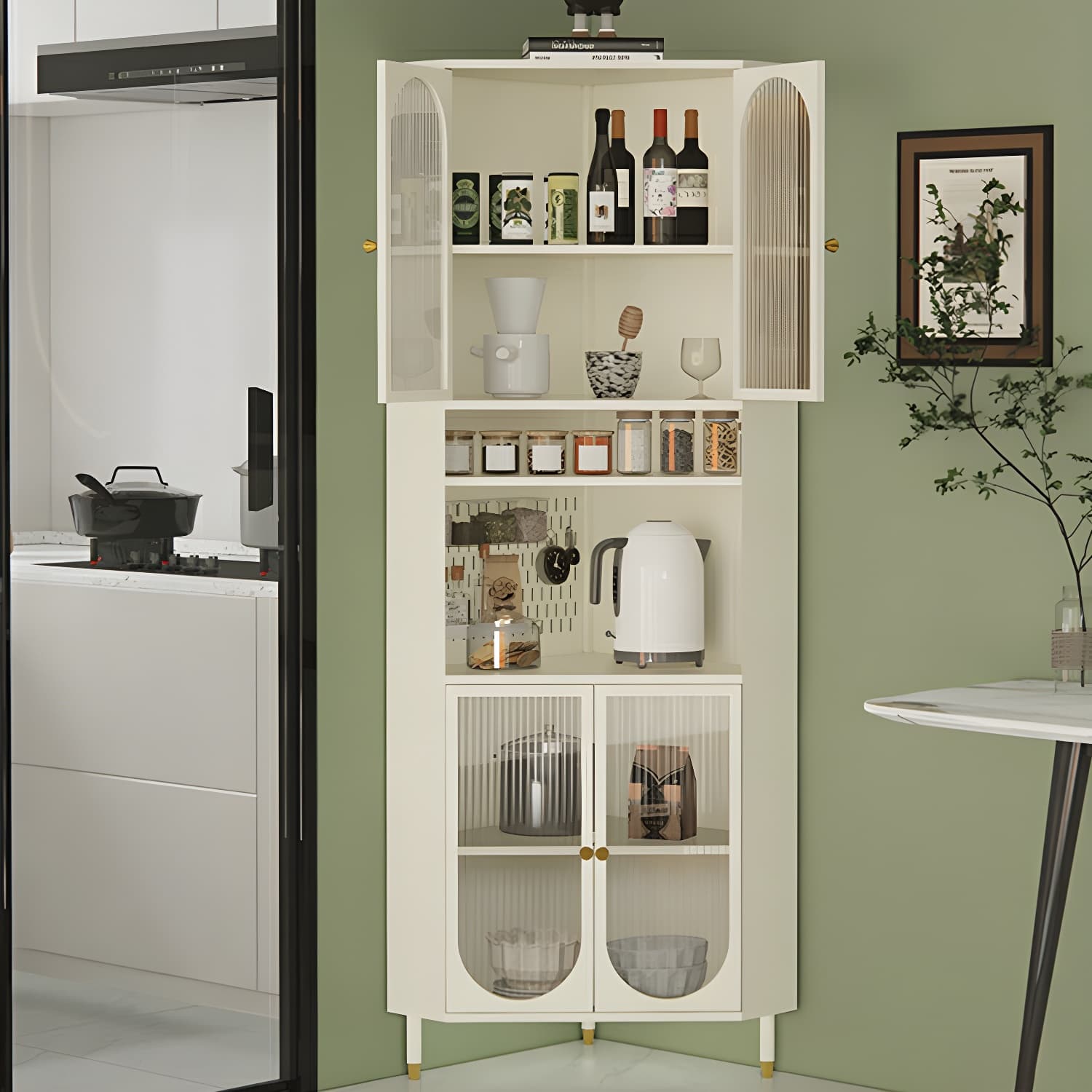 Corner Scandinavian Accent Cabinet with Steel Base and Glass Doors, and Adjustable Shelves - image 5