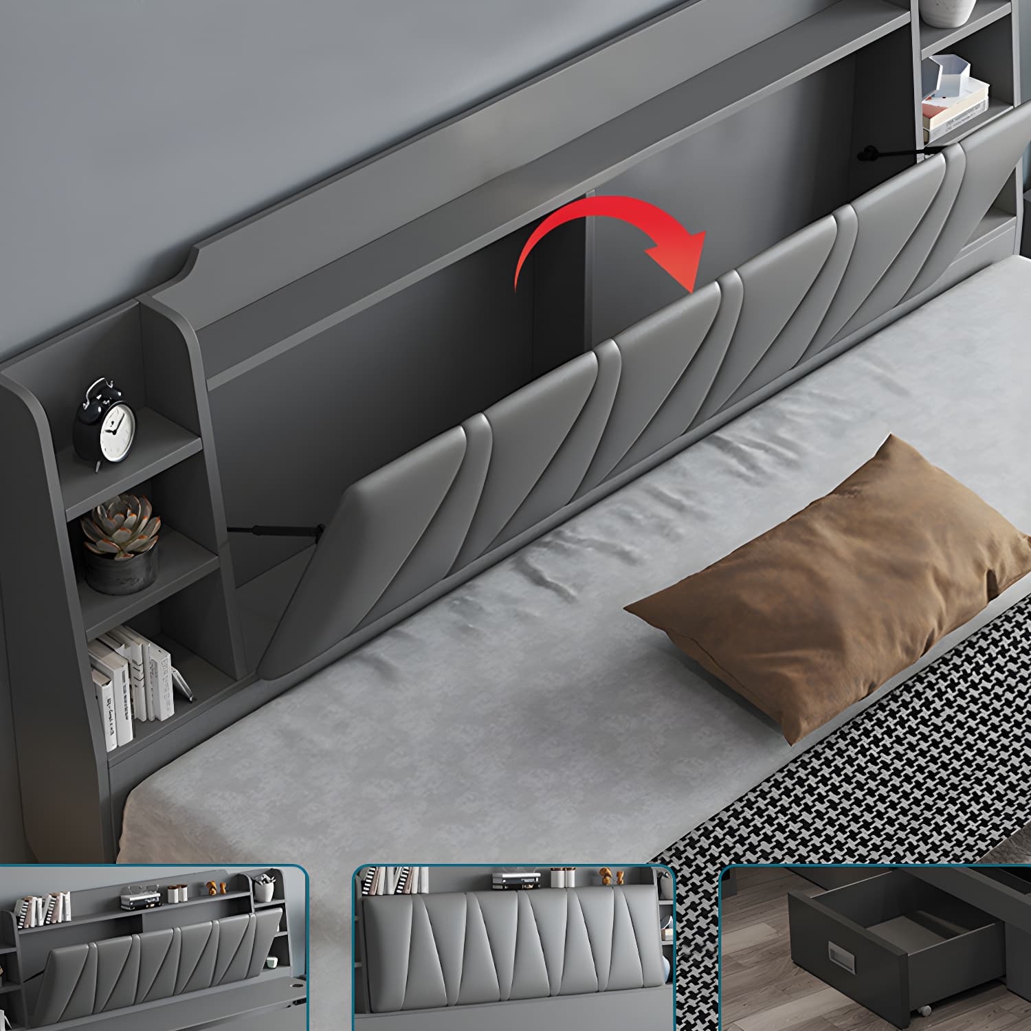 Modern Wood Panel Bed with Upholstered Headboard and Built-In Drawers - image 5