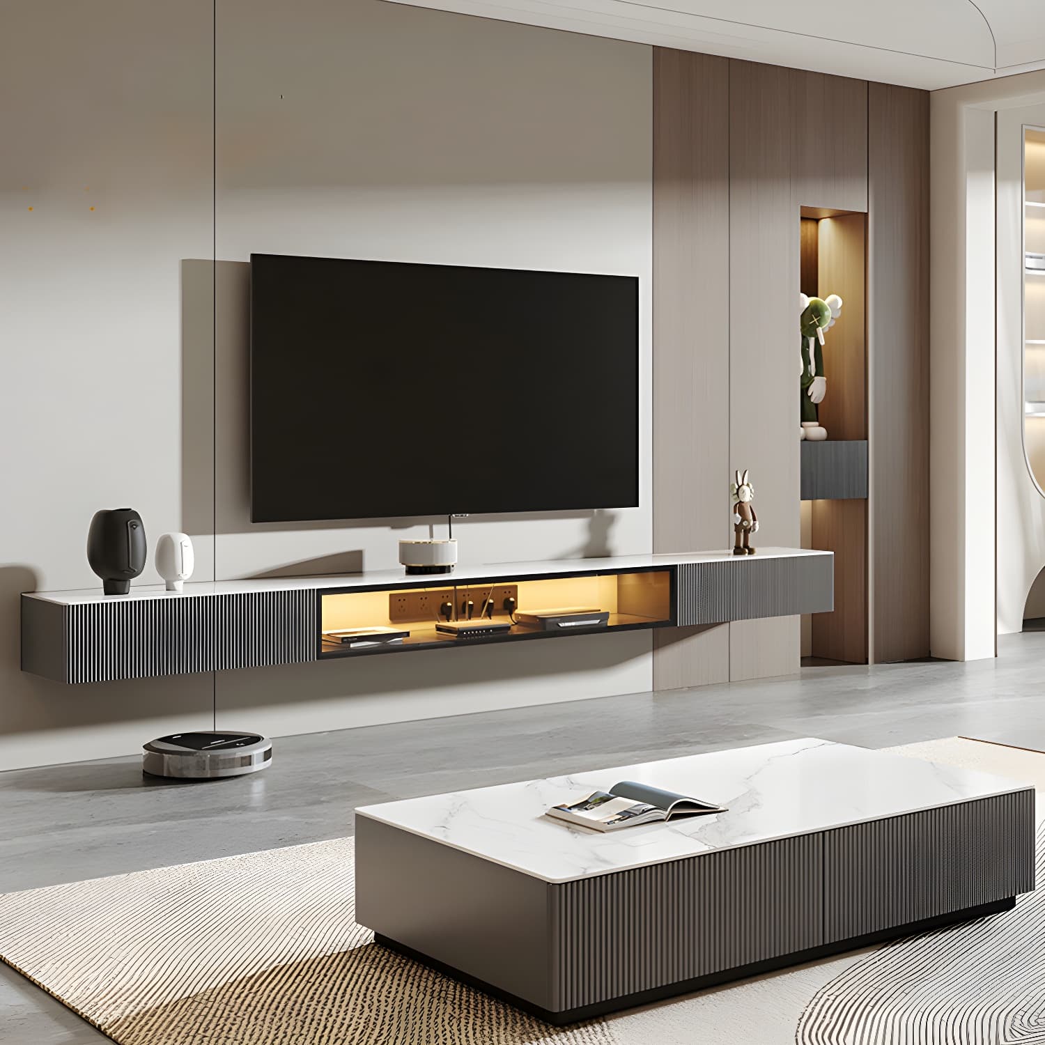 Contemporary 2 Drawers TV Stand Stone Counter Top Wall-mounted TV Cabinet - image 11