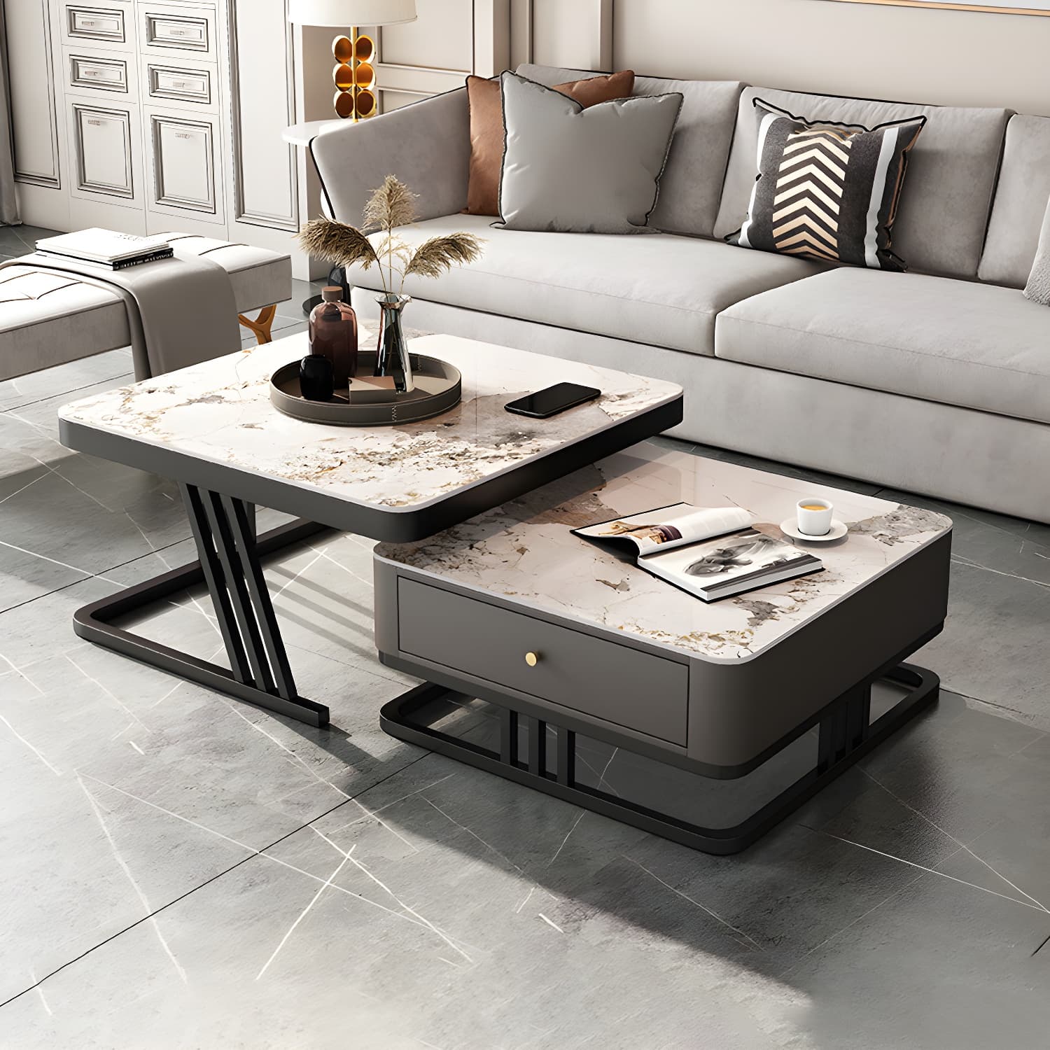 Modern Round Glass / Slate Cocktail Table Steel Frame Coffee Table with Drawer - image 7