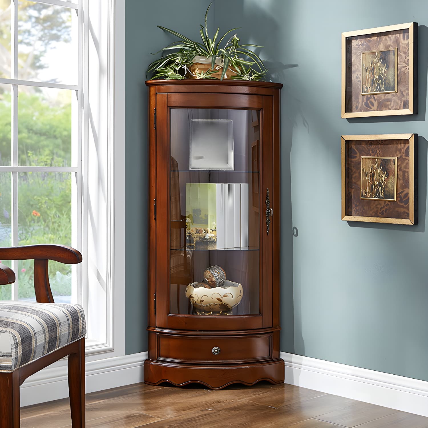 Industrial Triangle Accent Cabinet Solid Wood Storage Cabinet with Glass Doors