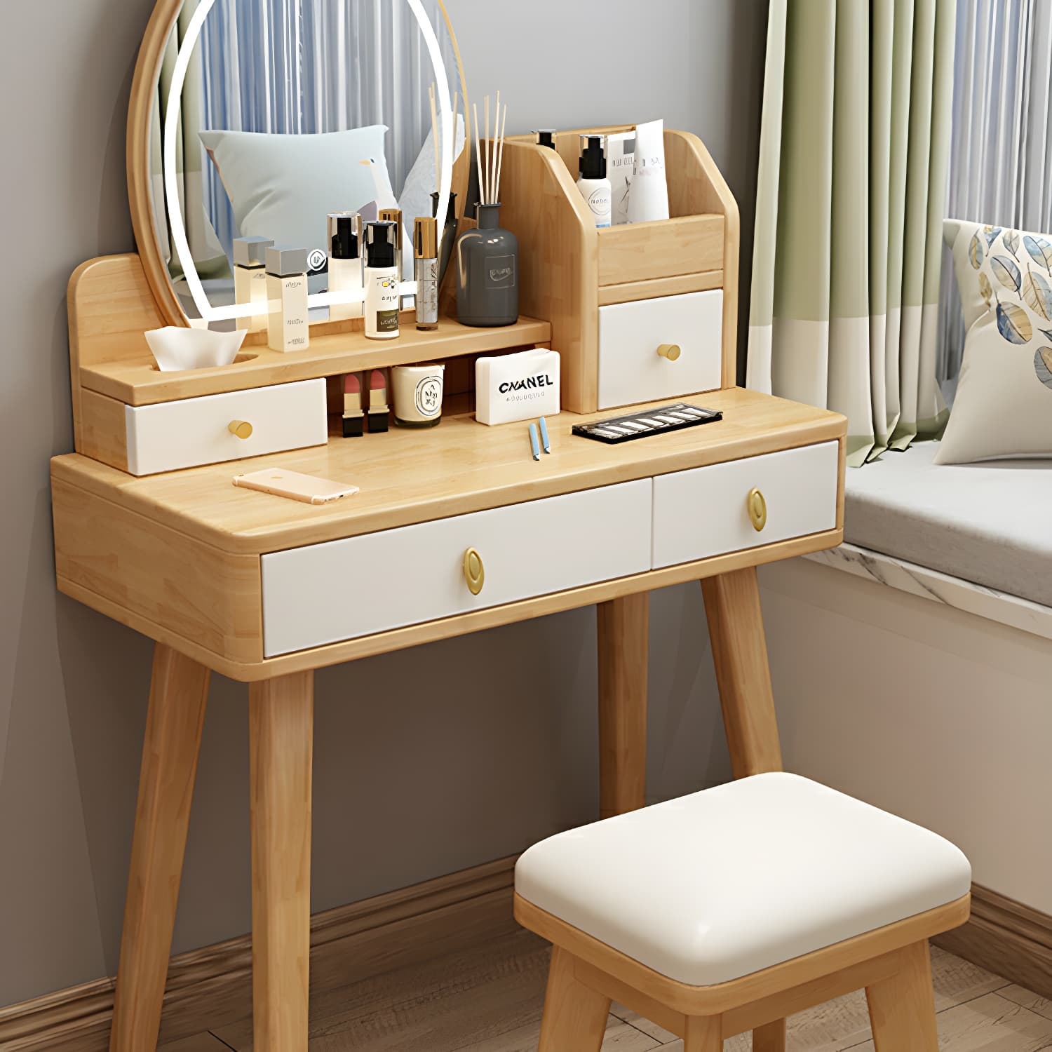 Modern Wood Makeup Vanity with Drawers, Mirror & Upholstered Chair - image 12