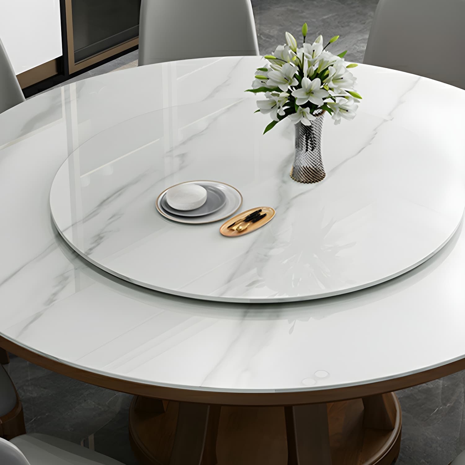 Modern Wood Dining Table Set with White Table top and Solid Wood Brown Base - image 6