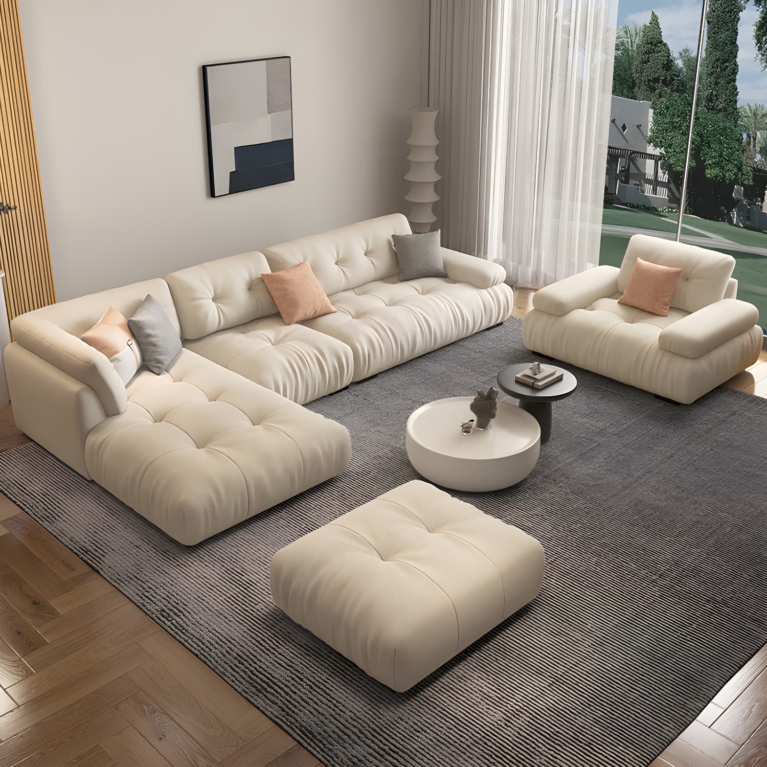 Flannel Upholstered Sectional Sofa in Gray with Scandinavian Wooden Frame