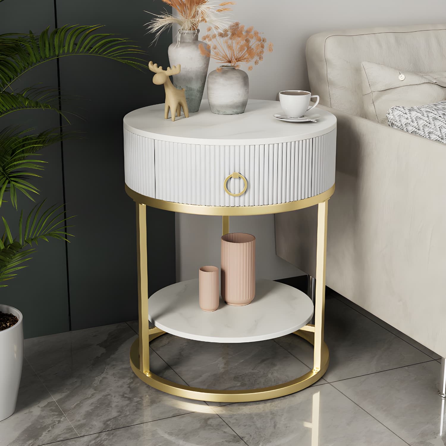 Open Storage Bed Nightstand Stone Bedside Cabinet with Drawer - image 7