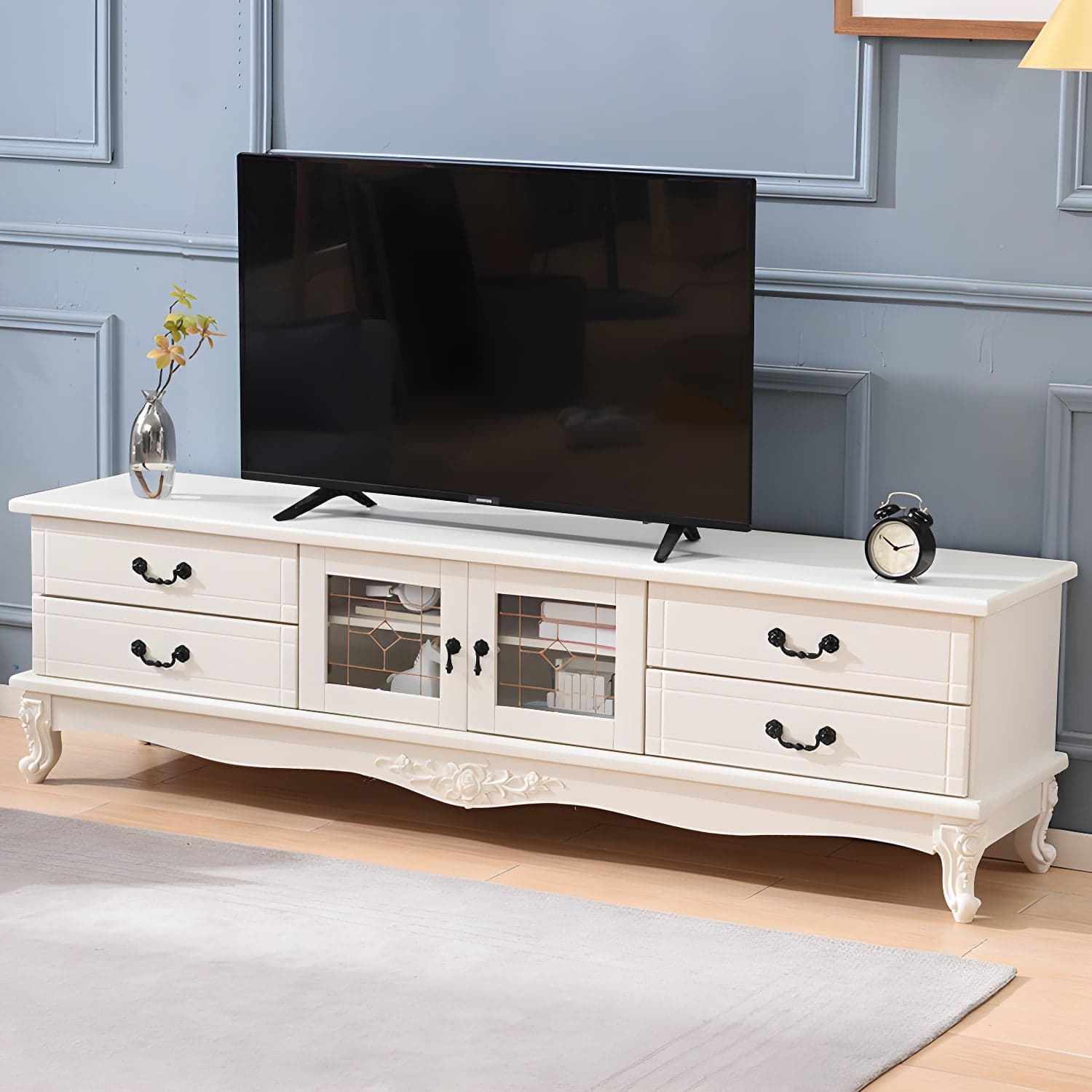 Traditional Solid Wood TV Cabinet Living Room Luxury TV Stand with Glass Doors - image 4