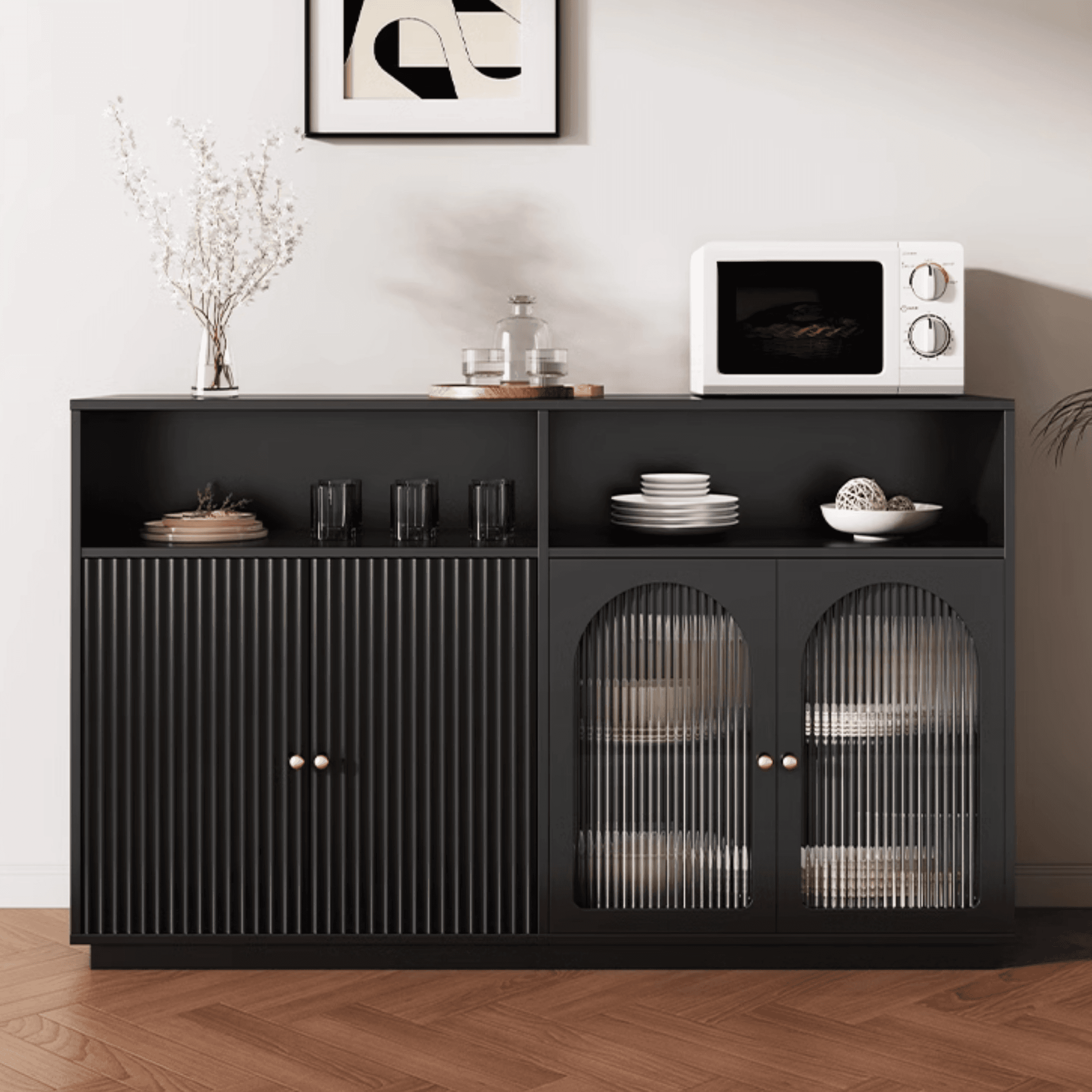Standard/Narrow Midnight Black Lumber Cupboard 2 Shelves Pantry Hutch Glass-panel Door Sideboard