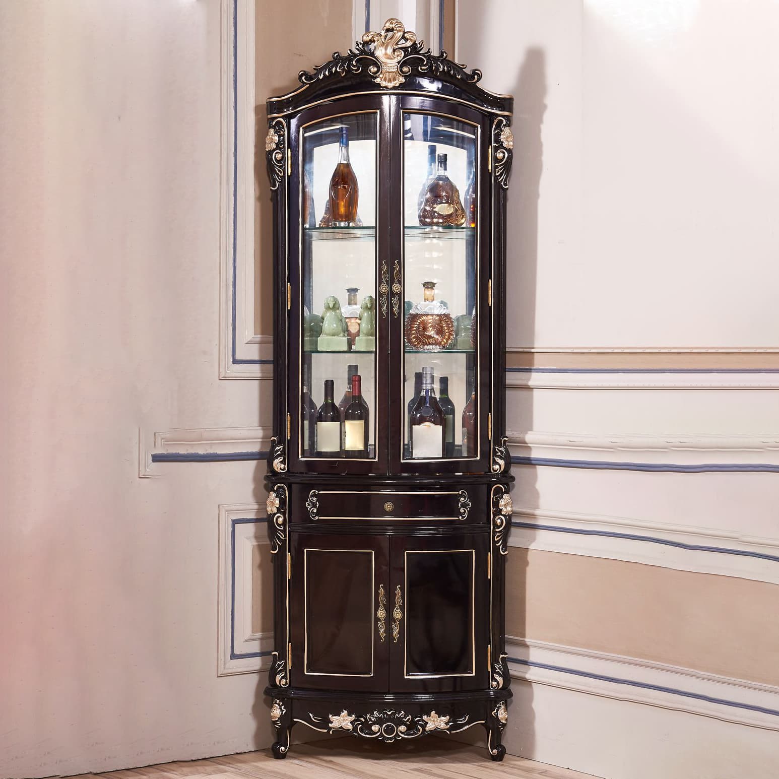 Victorian Solid Wood Triangle Accent Cabinet Glass Paned Cabriole Legs