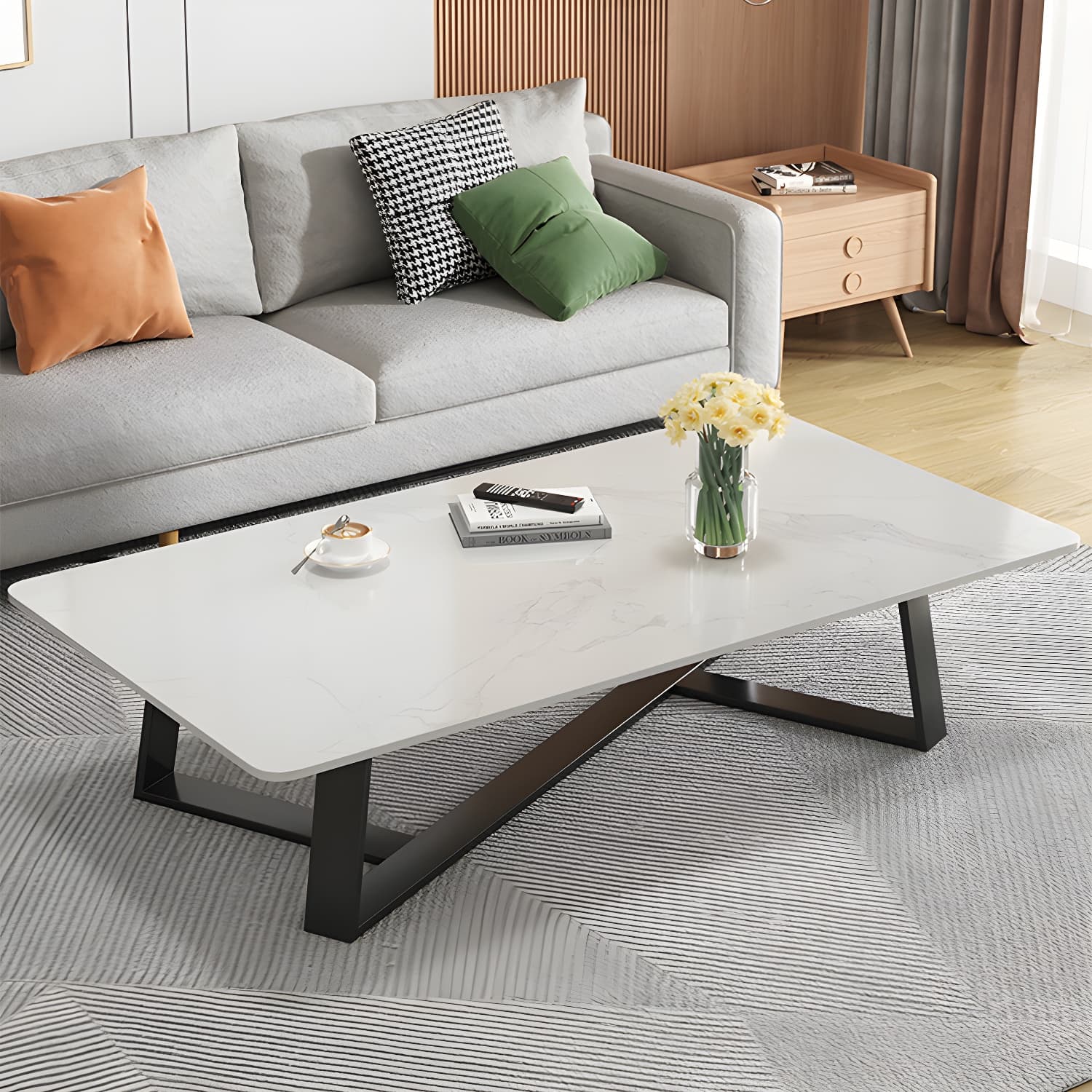 Stone and Metal Coffee Table Contemporary Coffee or End Table with Cross Legs - image 5