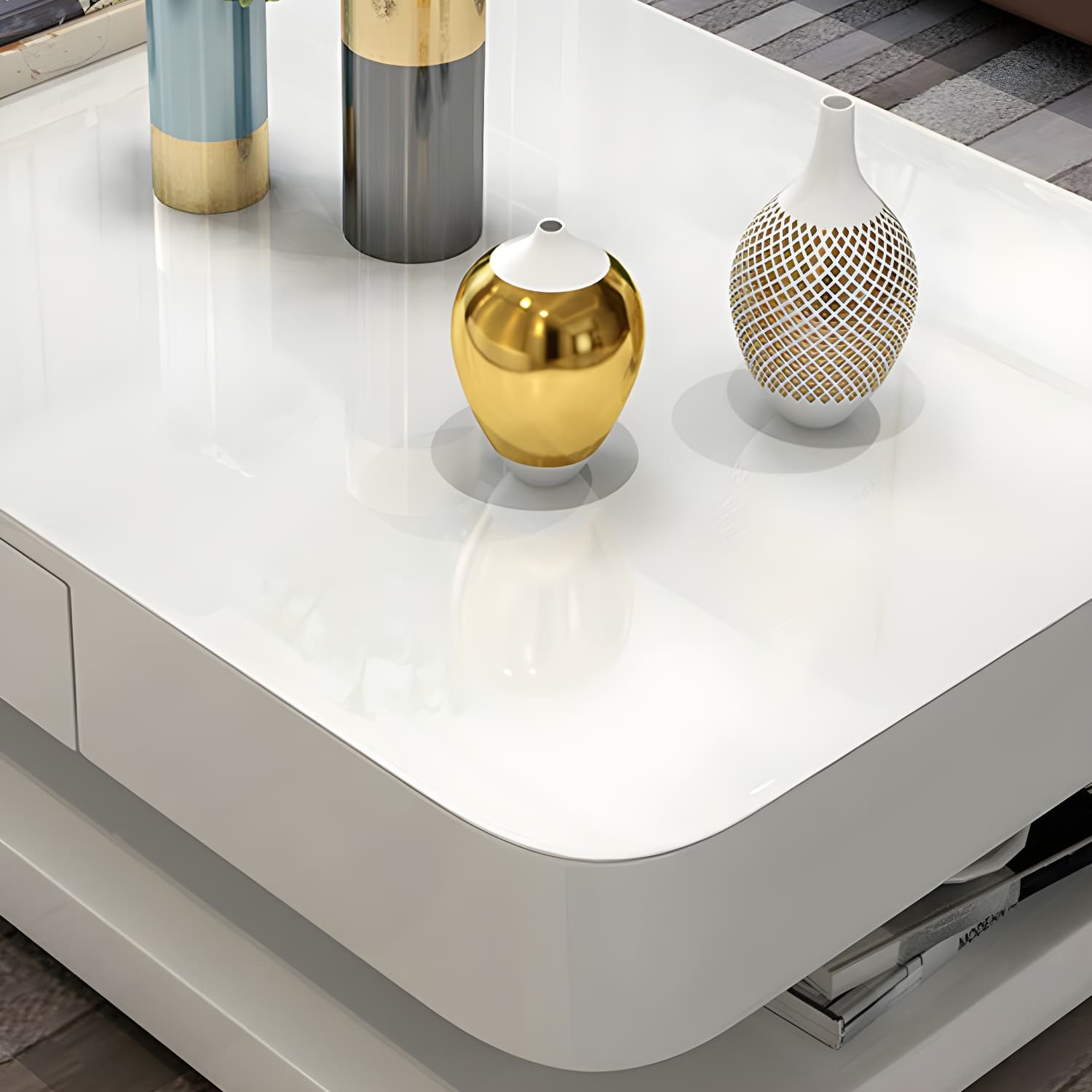 White Modern Coffee Table with Rectangular Wood Top & Block Base - image 6