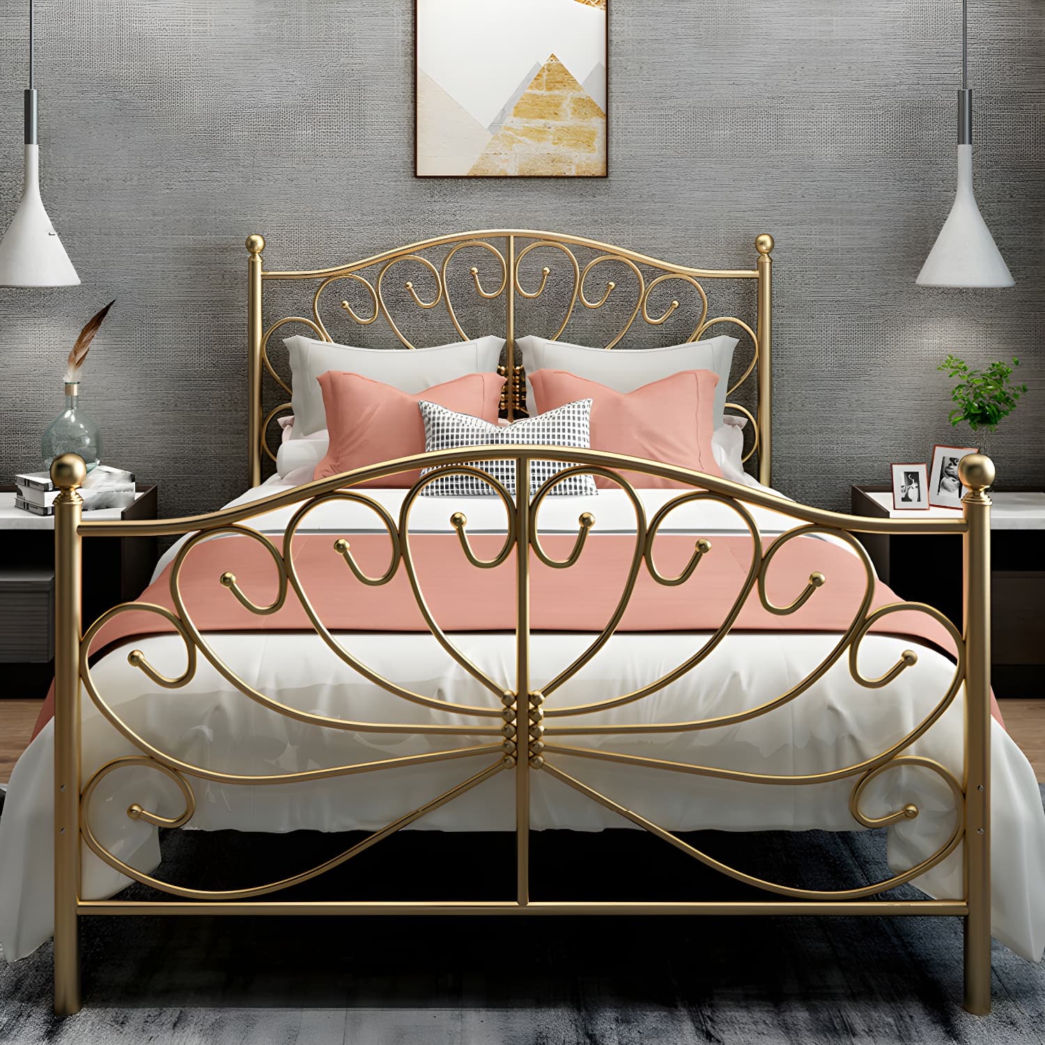 Four Poster Bed Glam Metal Bed, Camelback Open-Frame with Metal Legs - image 10