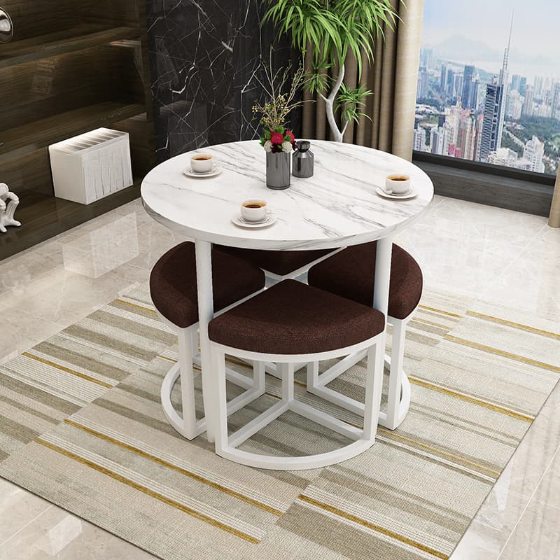 Reclaimed Wood Round Dining Table Set with Metal Toboggan Base and Upholstered Backless Chairs for 4 People - image 40