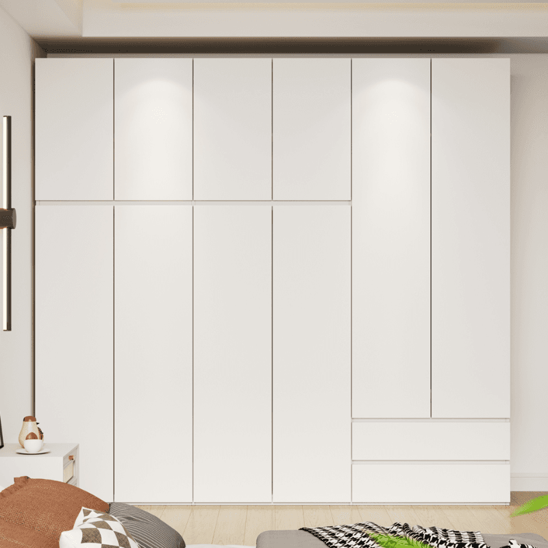 White Minimalist Manufactured Wood Independent Wardrobe Closet with Soft Close Drawer, Soft Close Door, and Interior Shelves