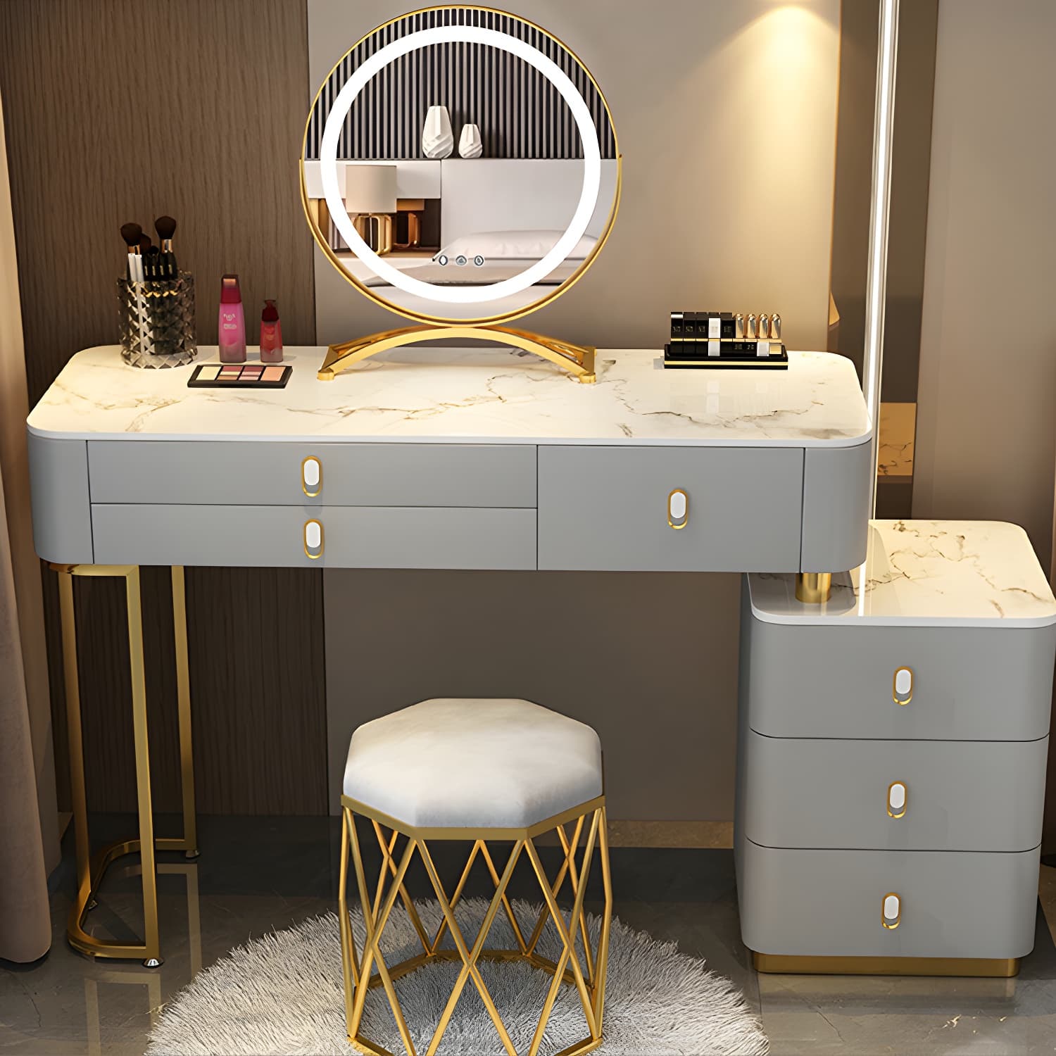 Solid Wood Vanity with 6 Storage Drawers Makeup Vanity Desk with Stool and Mirror - image 14