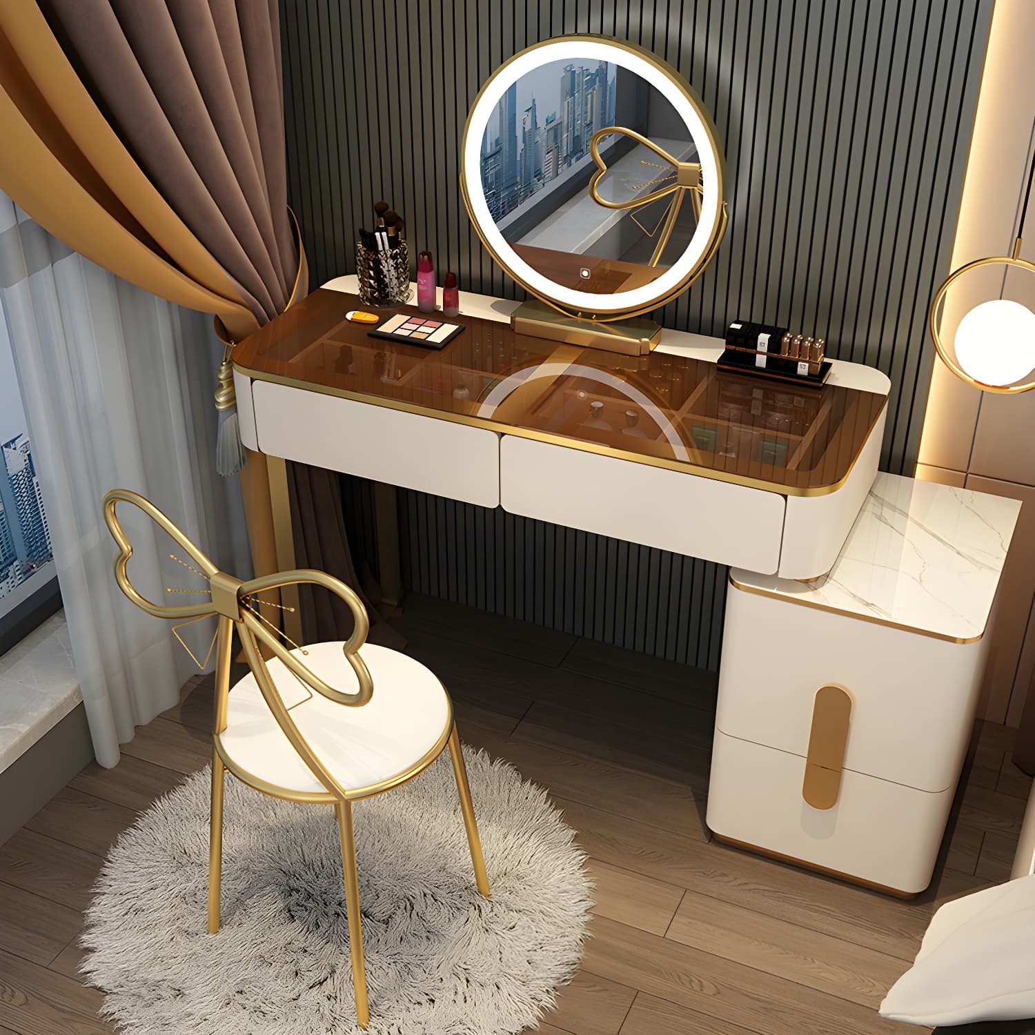 Glass Top Standing Makeup Vanity Set Lighted Mirror Makeup Vanity - image 7
