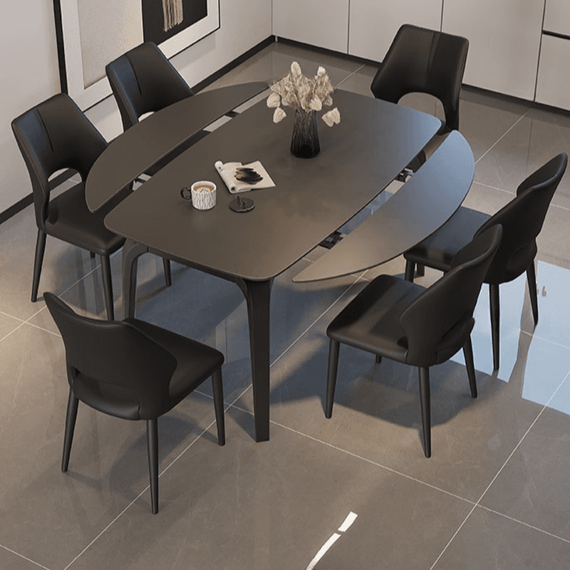 Dining Table Set with Slate Stone Top, Fold-away Leaf, Padded Chair with Back for 6 People in Midnight Black - image 3
