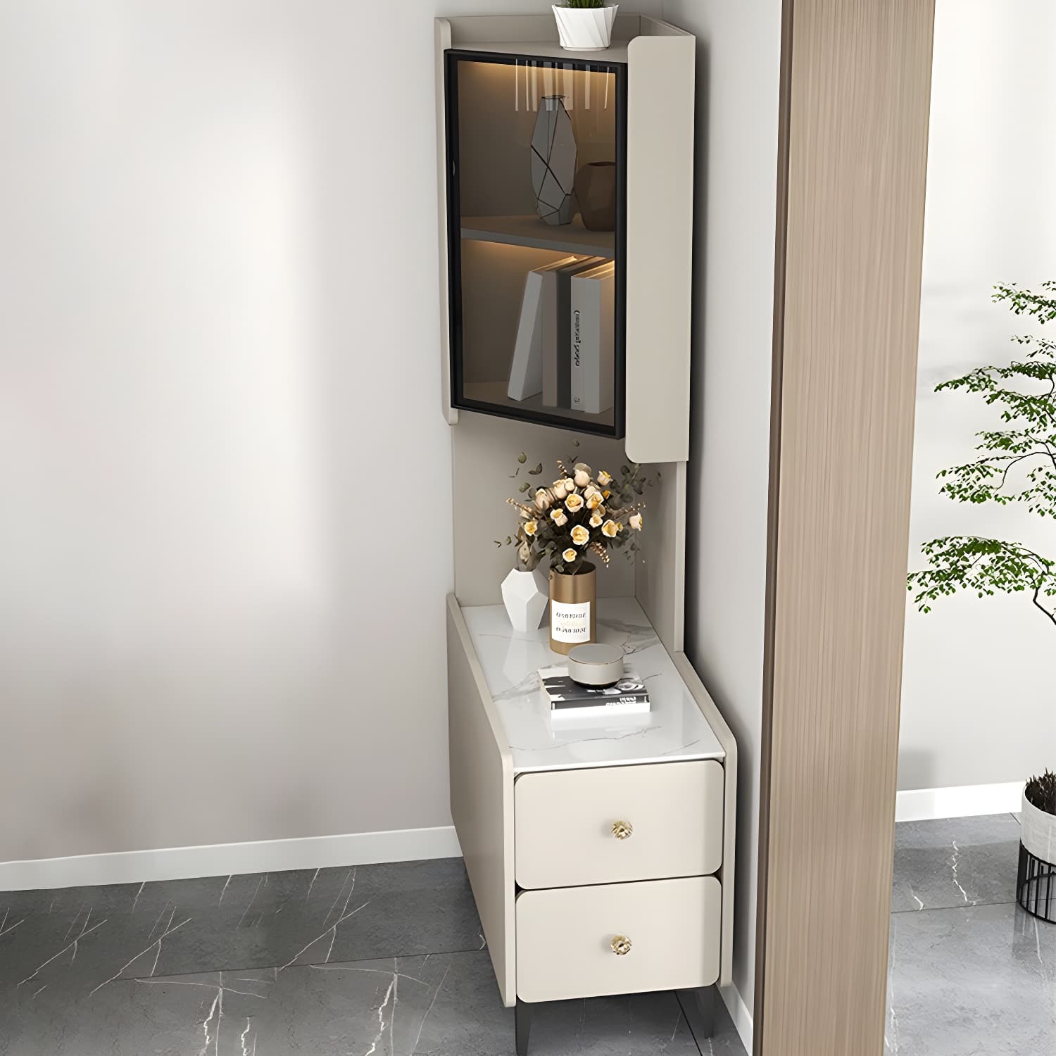Elegant Corner Accent Cabinet with Glass Doors and Black Metal Base - image 3