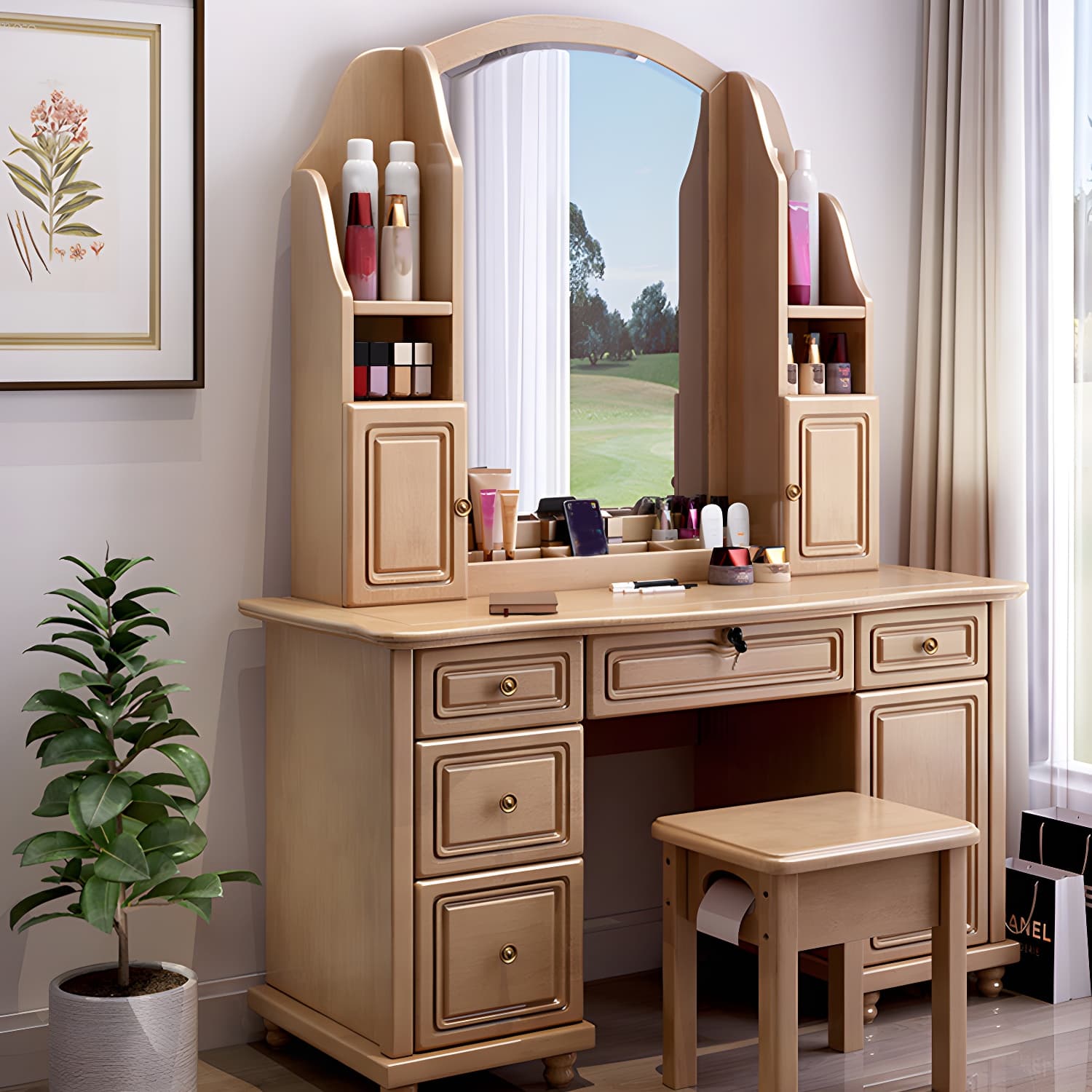 Traditional Solid Wood Makeup Dressing Table 60.23" H Vanity Set with Stool and Mirror - image 18