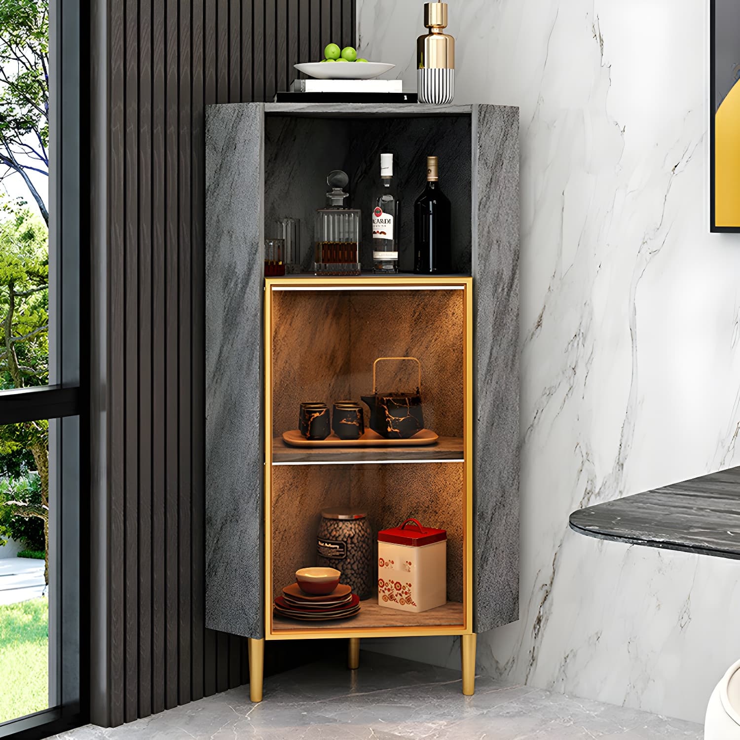 Glam Golden Corner Cabinet with Glass Doors and Exterior Shelving