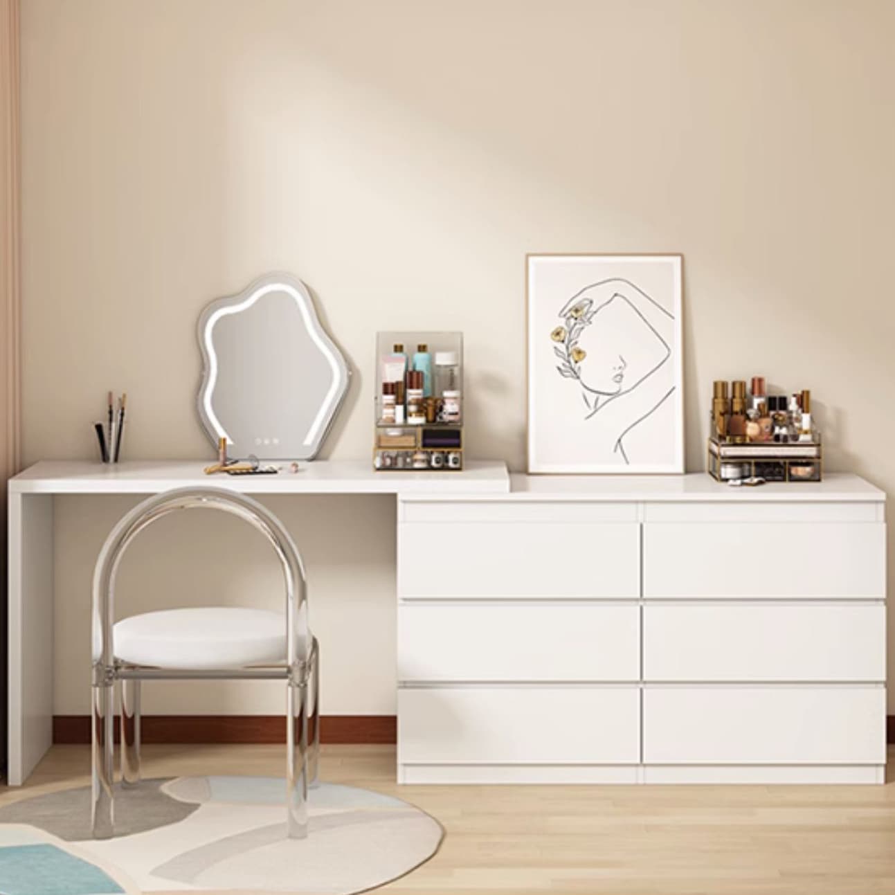 Modern White Wood Makeup Vanity with Soft Close Drawers and Acrylic Chair Include/Not Include