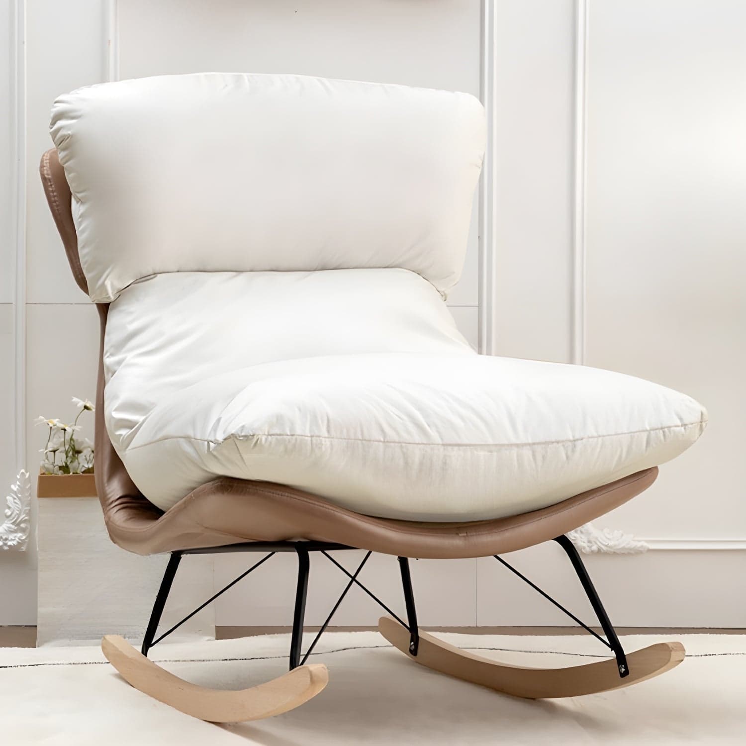Scandinavian Indoor Upholstered Rocking Chair with Track Arms and Natural Wood Legs - image 4