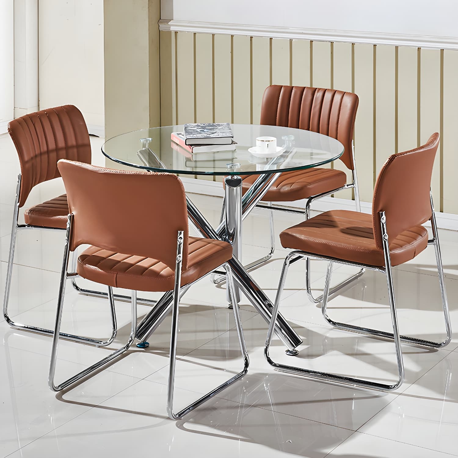 Modern Glass Round Dining Set with Three-Leg Metal Base - Clear, 36-inch Table - image 14