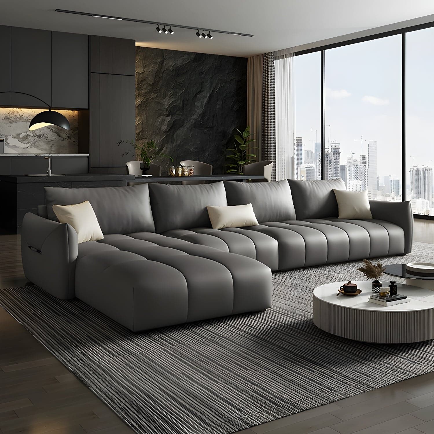 Modern L-Shape Wood Frame Tufted Sectional Sofa Chaise in 3 Piece Set - image 4